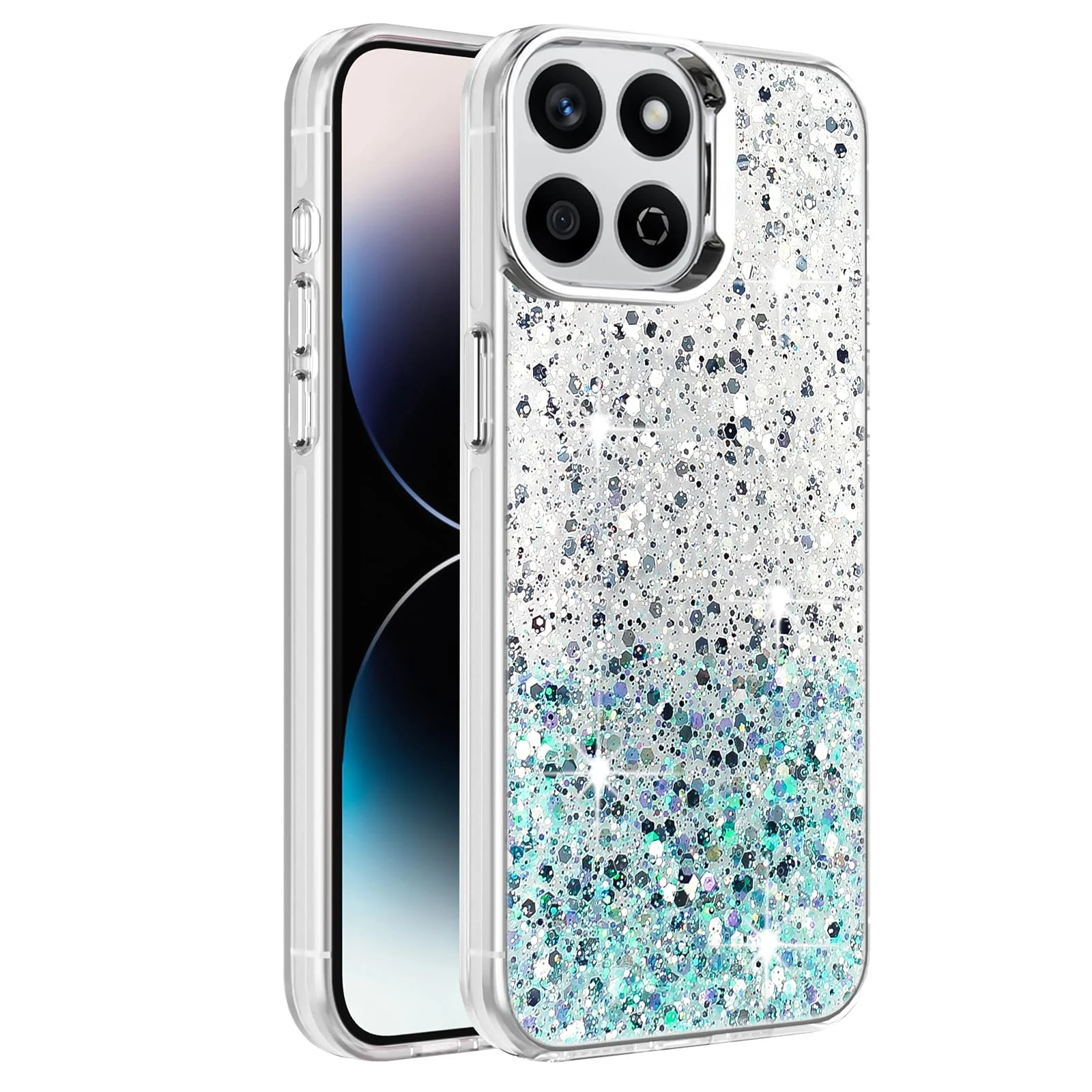 DL3 Mobilak Glitter Protective Case for Honor X7C, Supports wireless charging, Camera protection, Shock-absorbing protection - White Green