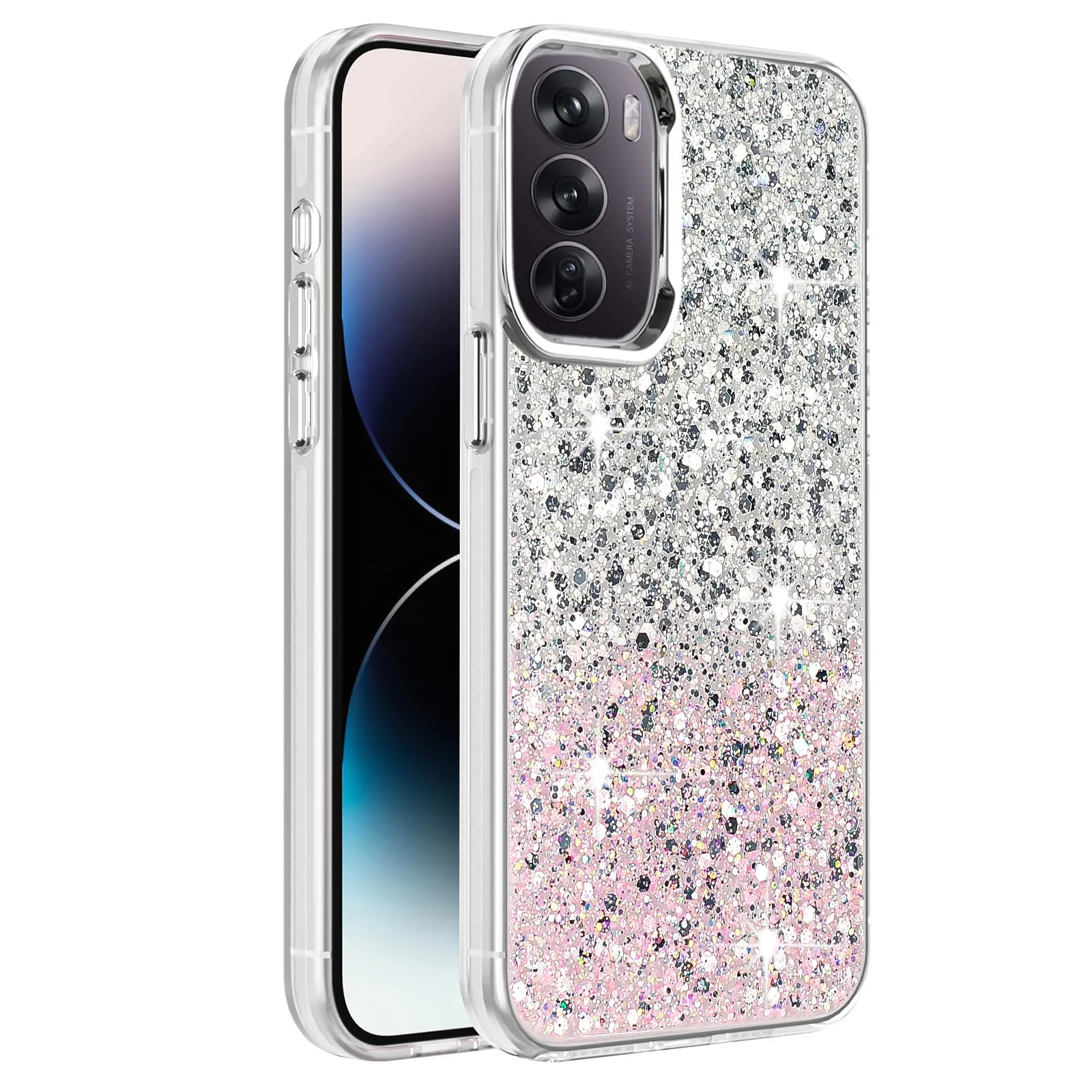 DL3 Mobilak Glitter Protective Case for OPPO Reno 12 Pro 5G (Reno12 Pro), Supports wireless charging, Camera protection, Shock-absorbing protection - White Pink