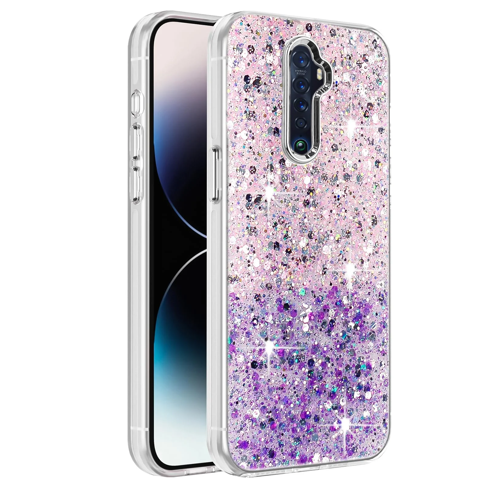 DL3 Mobilak Compatible with OPPO Reno 2F / Reno 2Z Case, Clear Glitter Bling Sparkly, Soft TPU Frame Bumper, Hard-Back Cover for Women & Girls, Transparent Protective Phone Case - Pink Purple