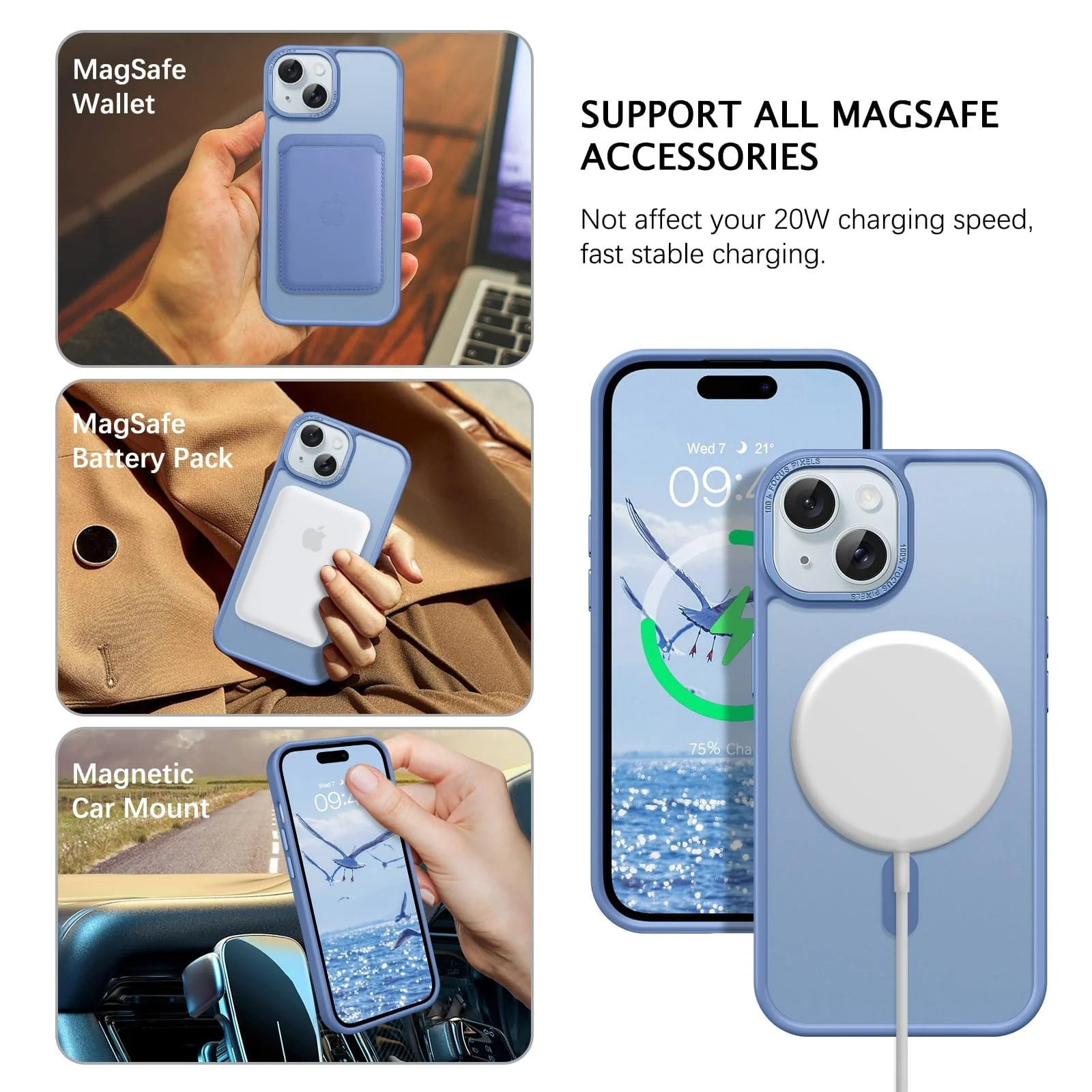 DL3 Mobilak Translucent Matte Case for iPhone 15 + Plus / iPhone 14 Plus 6.7-Inch, Compatible with MagSafe accessories, Supports wireless charging, Built-in magnetic car-mount support - Baby Blue
