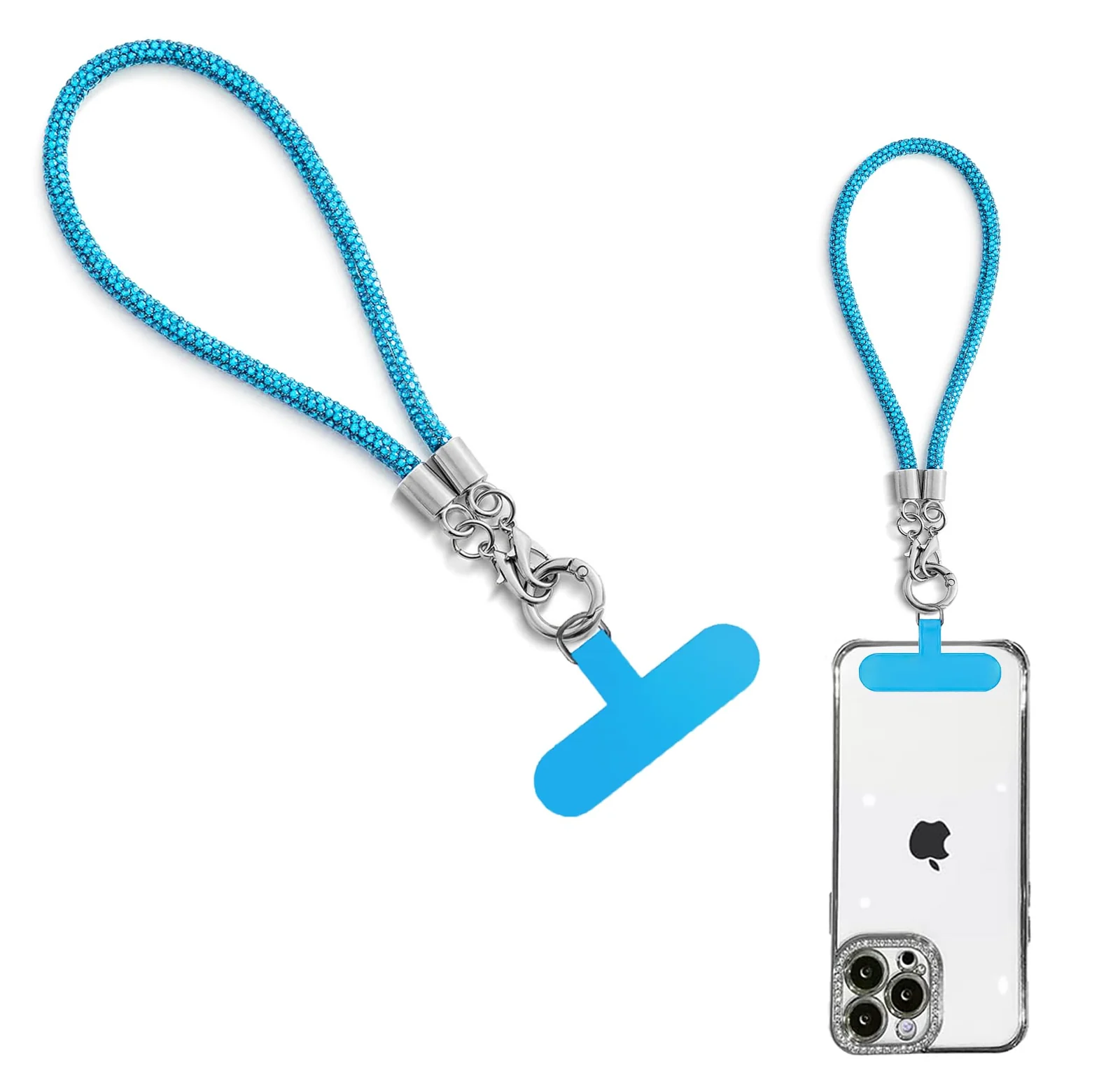 DL3 Mobilak Glitter Phone Wrist Strap, Bling Rhinestone Short Hand Lanyard Bracelet with Keychain & Card Holder, Universal Mobile Phone Chain & Handbag Strap for Women - Blue