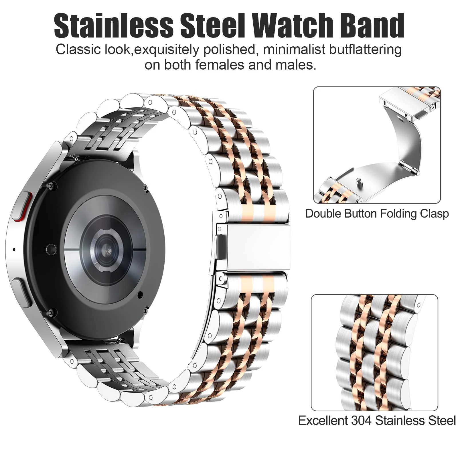 DL3 Mobilak Metal Band 20MM Strap for Samsung Gear Sport, Watch 4/5/5 Pro, S2 Classic, Active 2 40mm 44mm, Amazfit GTS 3/4/4 Mini, Bip 3/Pro/U, GTS 2 Mini/2e - Silver & Rose Gold