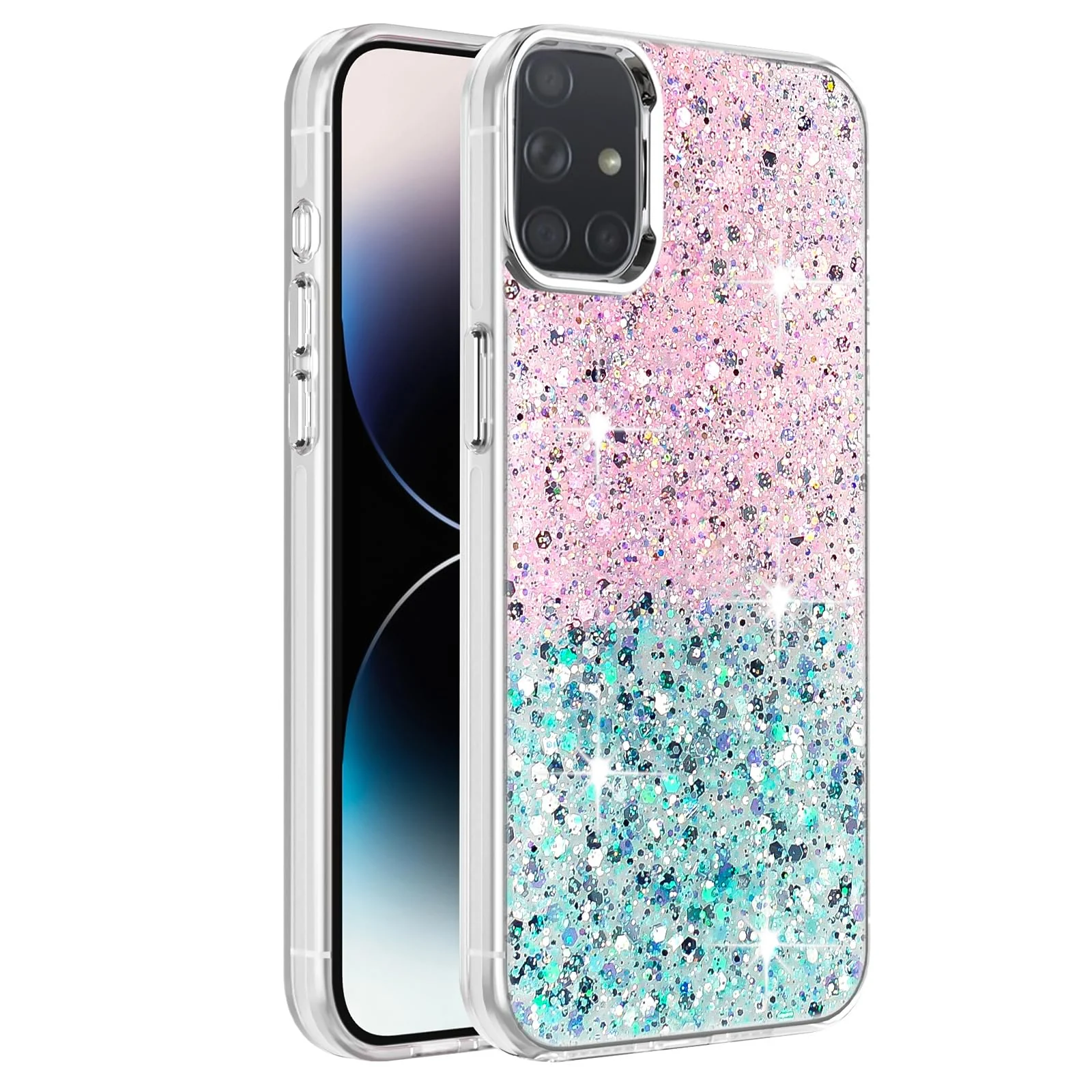 DL3 Mobilak Glitter Protective Case for Samsung Galaxy A71 4G, Supports wireless charging, Camera protection, Shock-absorbing protection - Pink Green