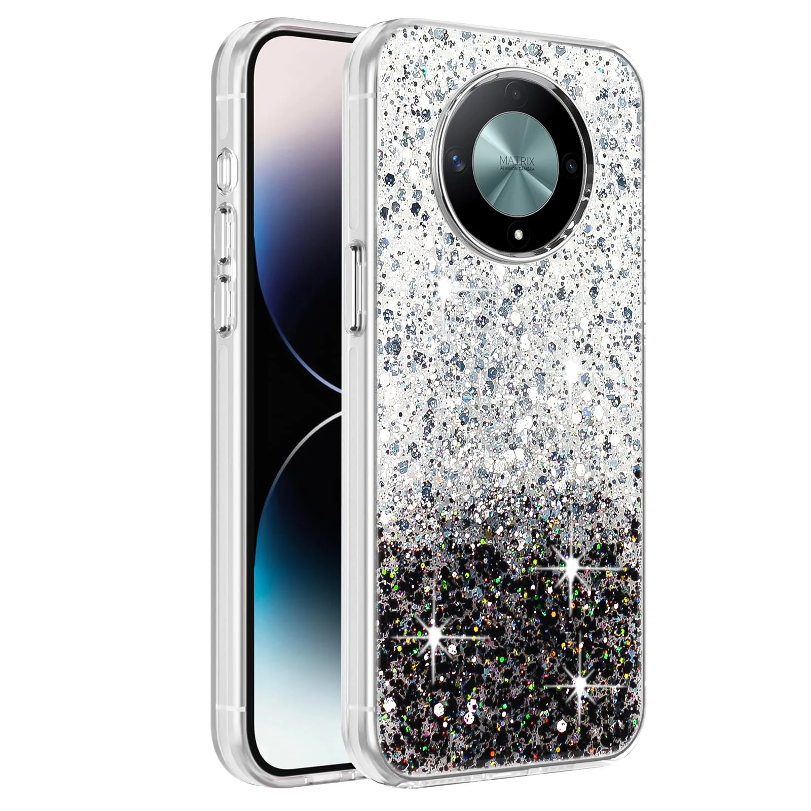 Dl3 Mobilak Compatible with Honor X9b/Honor Magic 6 Lite Case, Clear Glitter Bling Sparkly, Soft TPU Frame Bumper, Hard-Back Cover for Women & Girls, Transparent Protective Phone Case (Pink Purple)