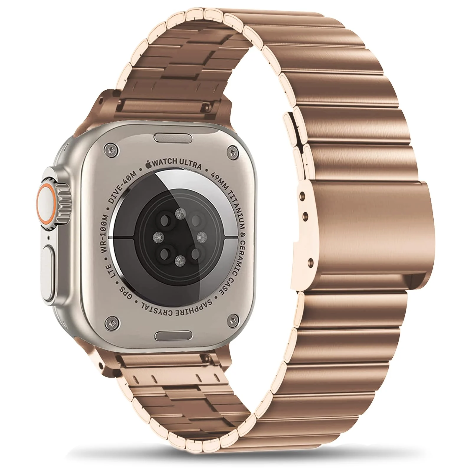 DL3 Mobilak Case with Strap For Apple Watch Ultra 2 49mm Stainless Steel Metal Straps, Hard PC Case With Glass Screen Protector Cover with Strap Bands for Apple Watch Ultra 49mm - Rose Gold