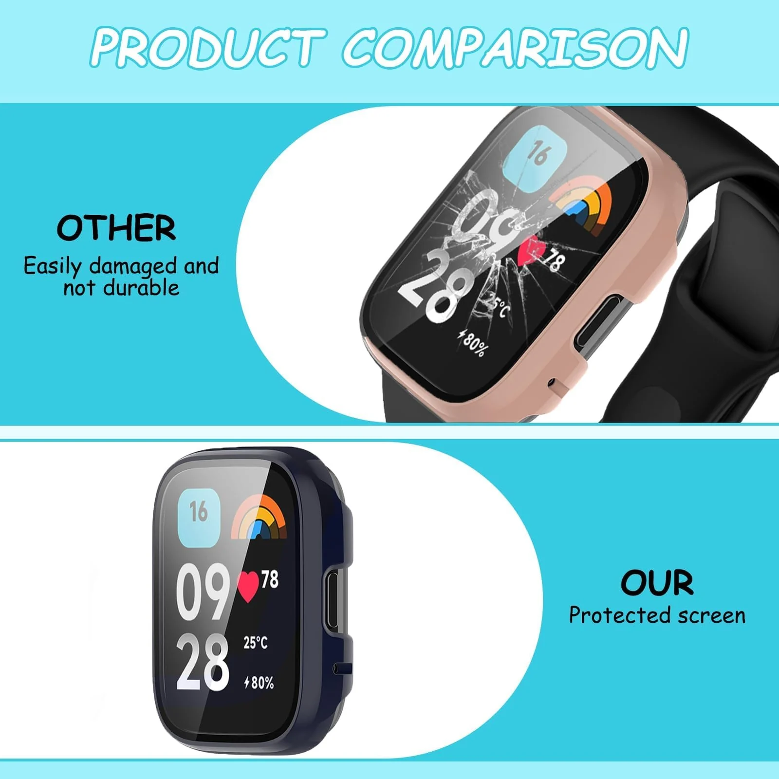 DL3 Mobilak Protective Case Compatible with Xiaomi Redmi Watch 3 Lite/Redmi Watch 3 Active 9H Hardness PC Case Bumper Full Slim Protective Cover with Tempered Glass - Pink
