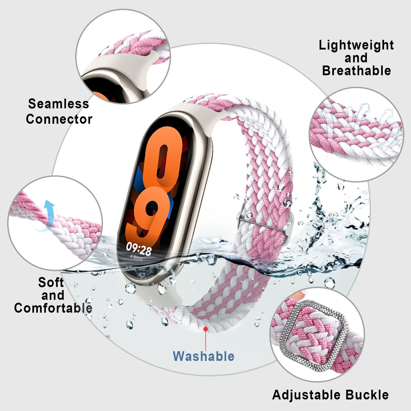DL3 Mobilak Compatible with Xiaomi Mi Band 10/9/8 strap, Braided Solo Loop for Nylon Elastic Adjustable Replacement Wristband Compatible with Xiaomi Smart Band 8/9/10 - Pink White
