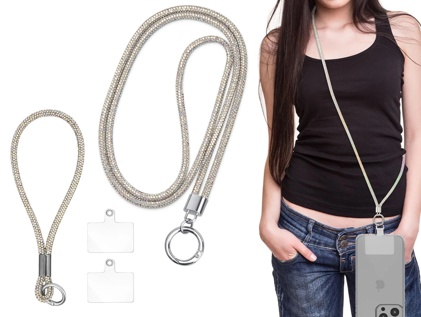 DL3 Mobilak Universal Phone Lanyard Crossbody, Rhinestone Cell Phone Chain Anti-Theft with 1× Shiny Phone Strap, 1× Wrist Strap, 2× Pads for Most Smartphones - 2pcs Colourful