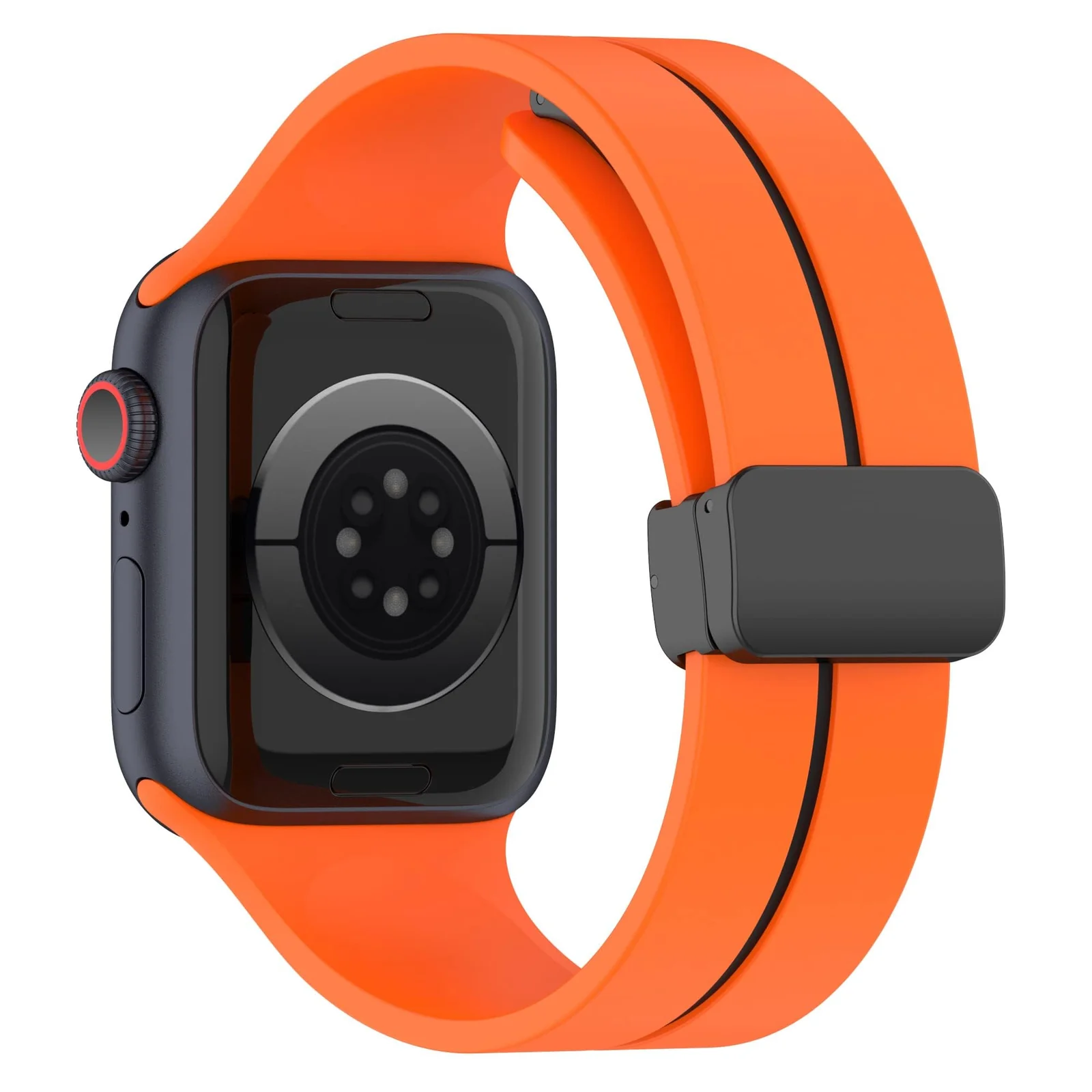 DL3 Mobilak Magnetic Bands for Apple Watch Ultra/Ultra 2 Band 49mm 45mm 44mm 42mm 41mm 40mm 38mm, Soft Sport Silicone Strap for iwatch Series 9/8/7/6/5/4 (&, 42mm/44mm/45mm/49mm) - Orange & Black