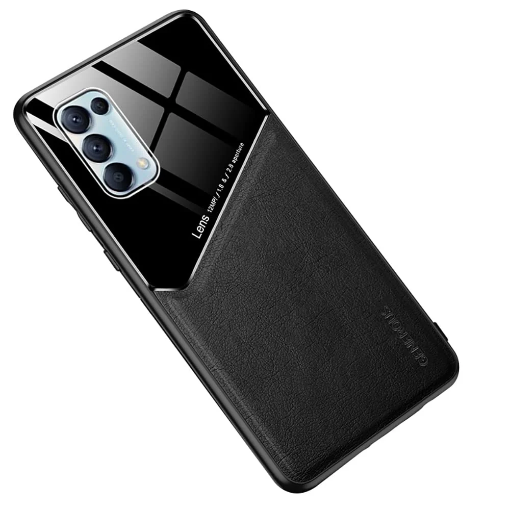 DL3 Mobilak Leather and PC Protective Case for OPPO Reno 4, Built-in magnetic car-mount support, Camera protection, Shock-absorbing protection - Black