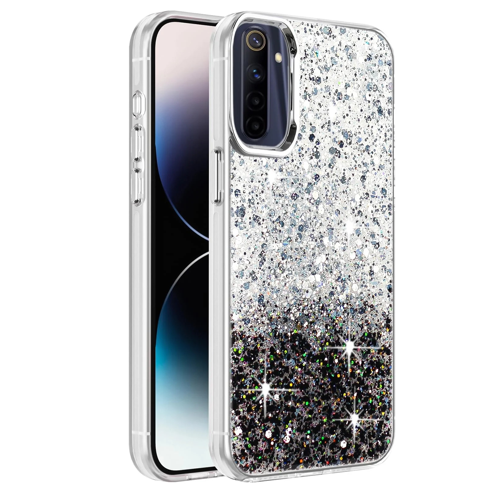 DL3 Mobilak Glitter Protective Case for OPPO realme 6 Pro, Supports wireless charging, Camera protection, Shock-absorbing protection - White Black