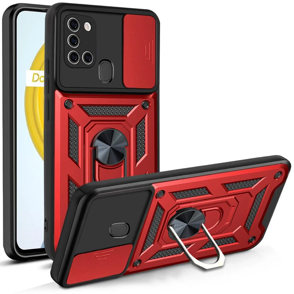 DL3 Mobilak Military-Grade Protective Case with Sliding Camera Cover, Metal Ring Kickstand and Magnetic Car-Mount Support for Samsung Galaxy A21s - Red