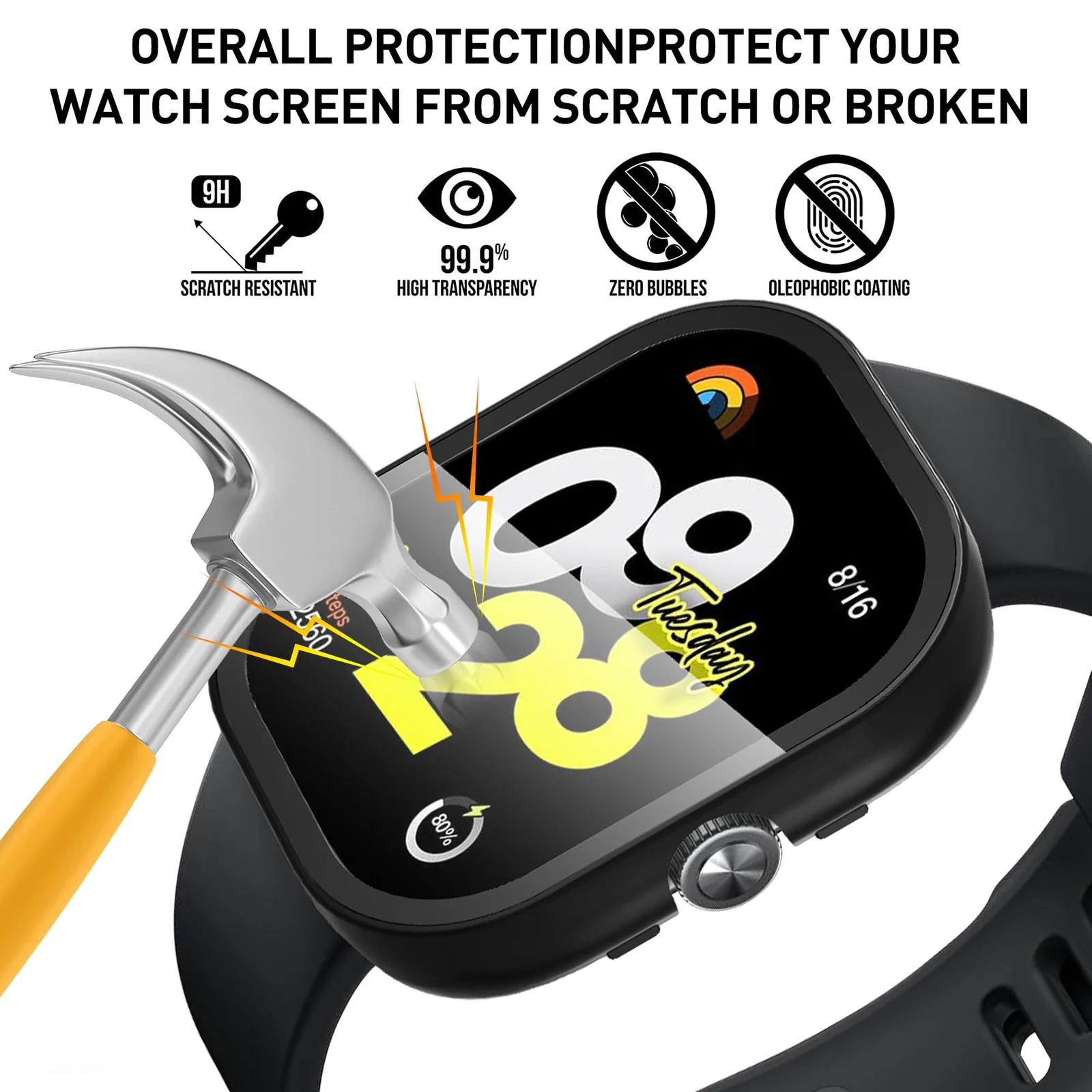 DL3 Mobilak For Xiaomi Redmi Watch 4 Case with Tempered Glass Screen Protector for xiaomi redmi Watch 4, 9H Hardness 360° All-Round Protective Ultra Thin Protective PC Case - Black