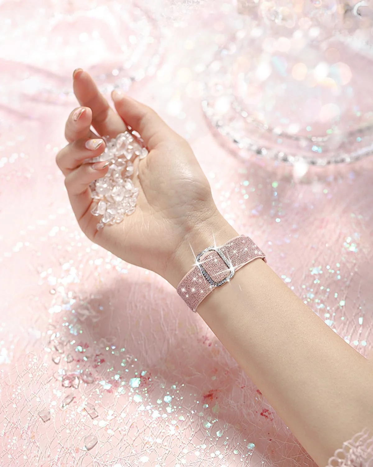 DL3 Mobilak Stretchy Bling Band For Apple Watch 49mm 46mm 45mm 44mm 42mm Women, Nylon Sparkly Strap Solo Loop Glitter Wristband for iWatch Series 11 10 9 8 7 6 5 4 SE3 SE2 SE Ultra 3 2 1 - Pink