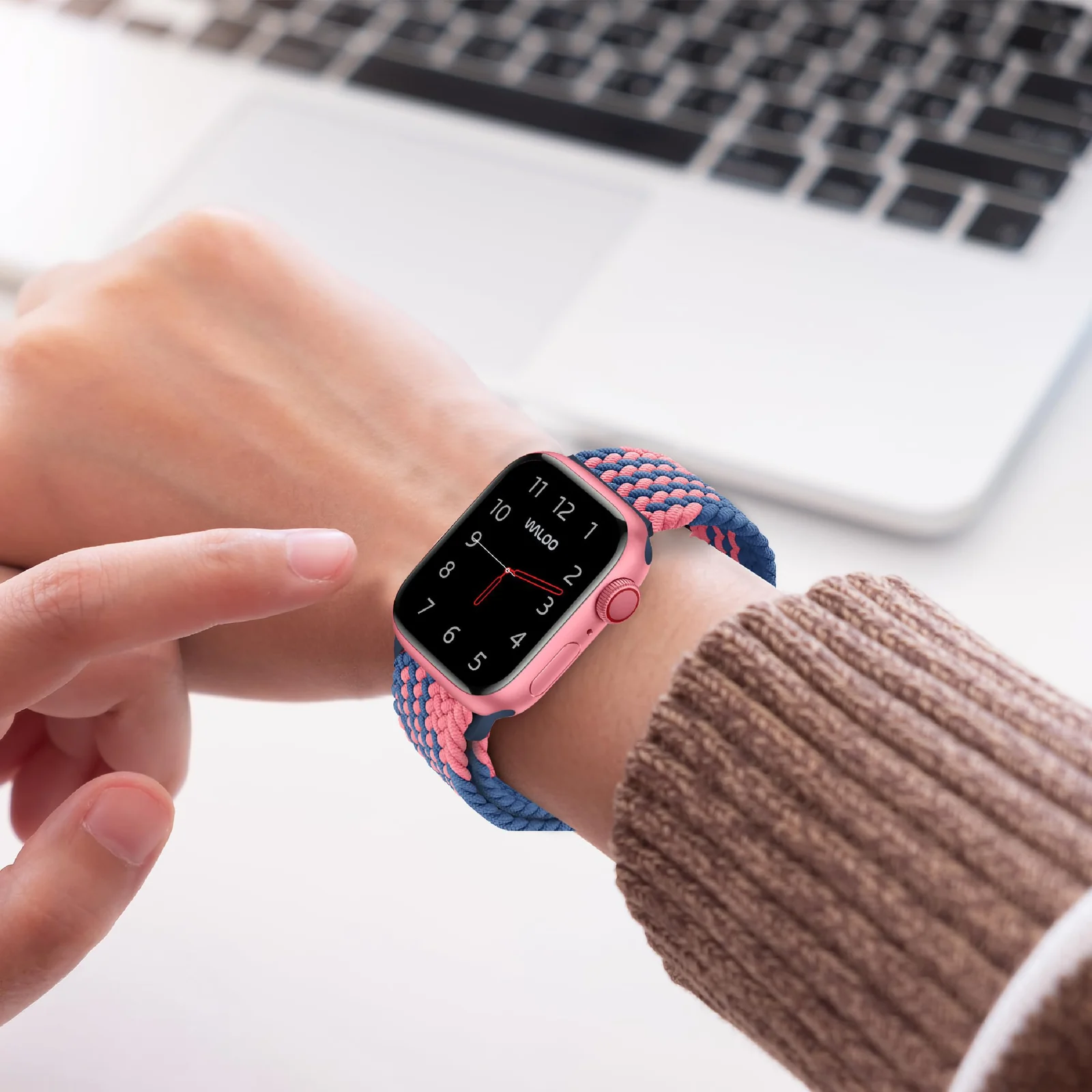 DL3 Mobilak Sport Solo Loop Compatible with Apple Watch Band 42mm 44mm 45mm 46mm 49mm for Women Men, Magnetic Strap Stretchy Braided Wristband for iWatch Series 11 10 9 8 7 6 5 4 3 Ultra 3 2 1 SE SE2 - Blue-Pink