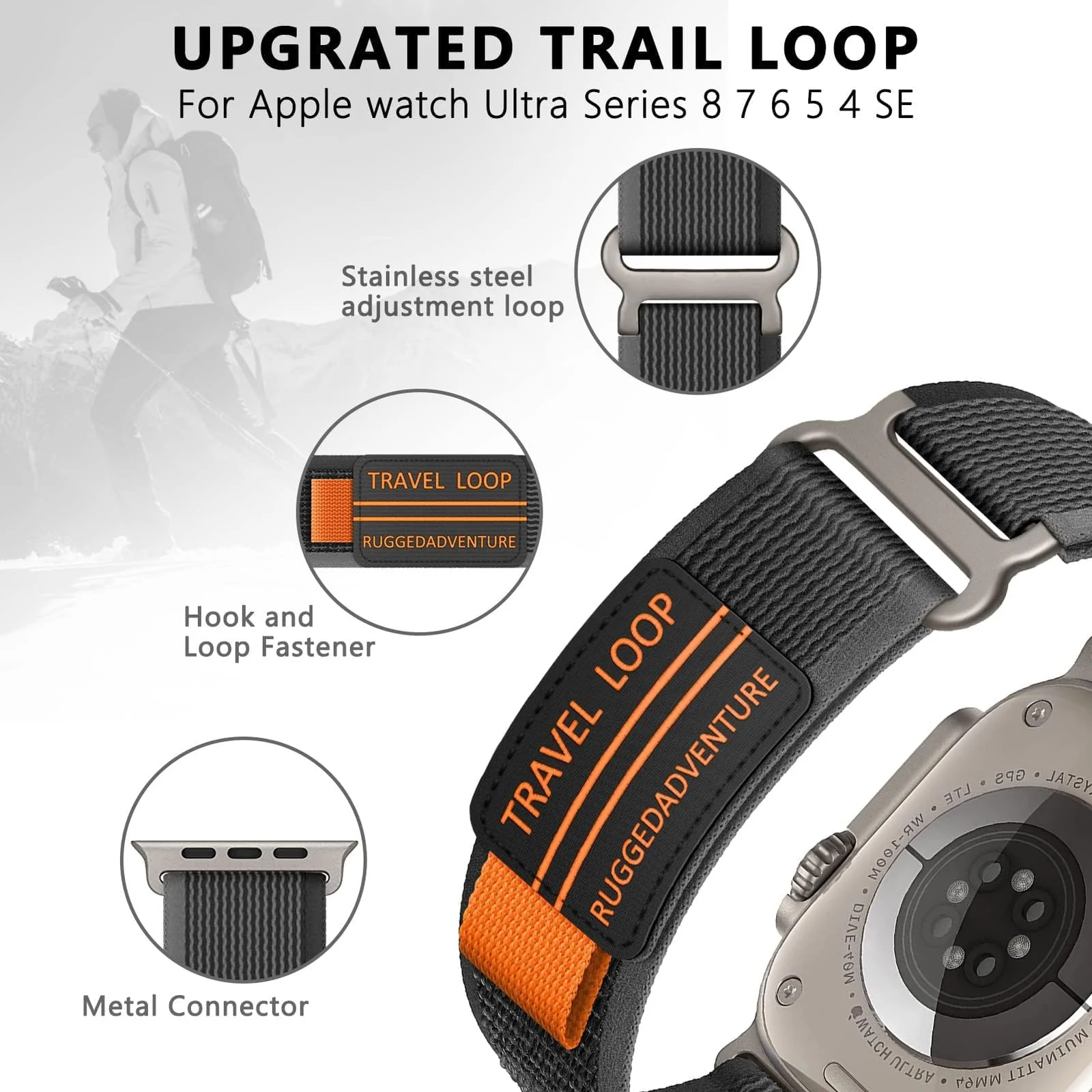 DL3 Mobilak Trail Loop Strap for Apple Watch Ultra Band 49mm 45mm 44mm 42mm iWatch Ultra Band Men Women, Rugged Sport Strap Soft Nylon Wristband for iWatch Ultra 2 Bands Series 9 8 7 6 5 4 3 2 1 SE - Black Grey