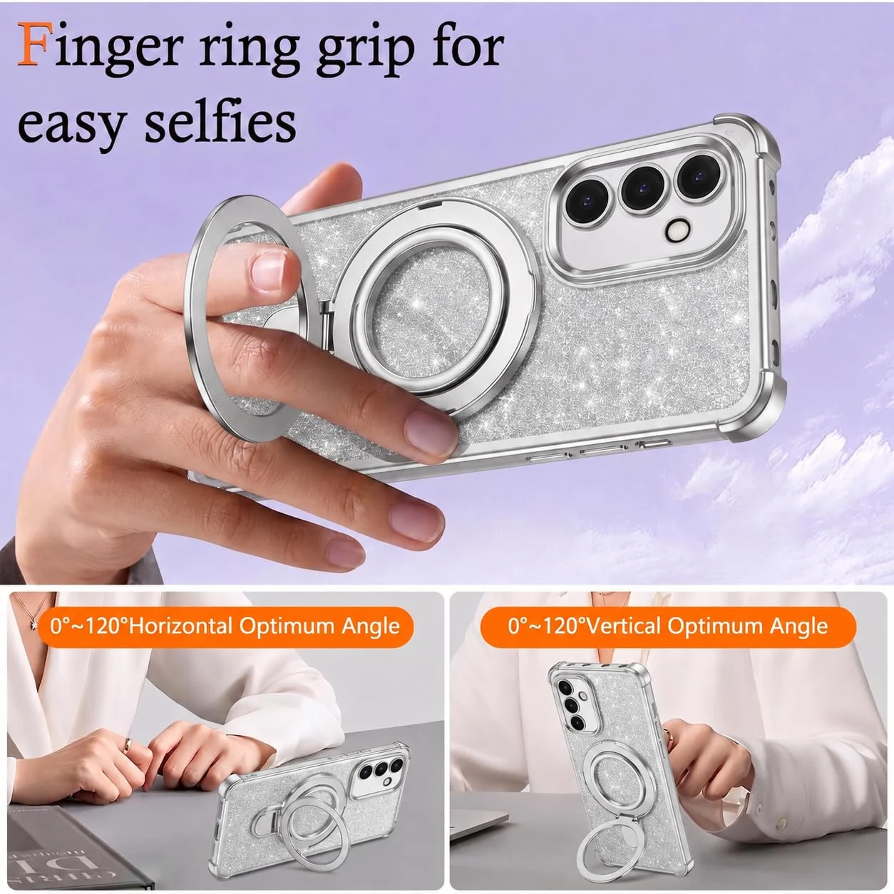 MOBIGON Glitter Phone Case with Magnetic Ring Stand for Samsung Galaxy A26, Silver
