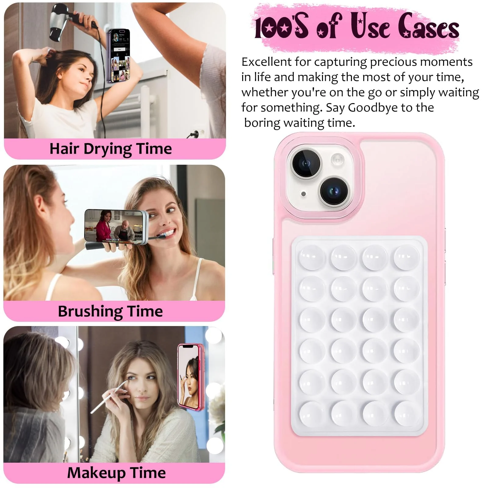 DL3 MOBILAK Silicone Suction Phone Case Mount, Sillicon Adhesive Phone Accessory for iPhone and Android, Hands-Free Fidget Toy Mirror Shower Phone Strong Grip Holder, Videos and Selfies - Pink