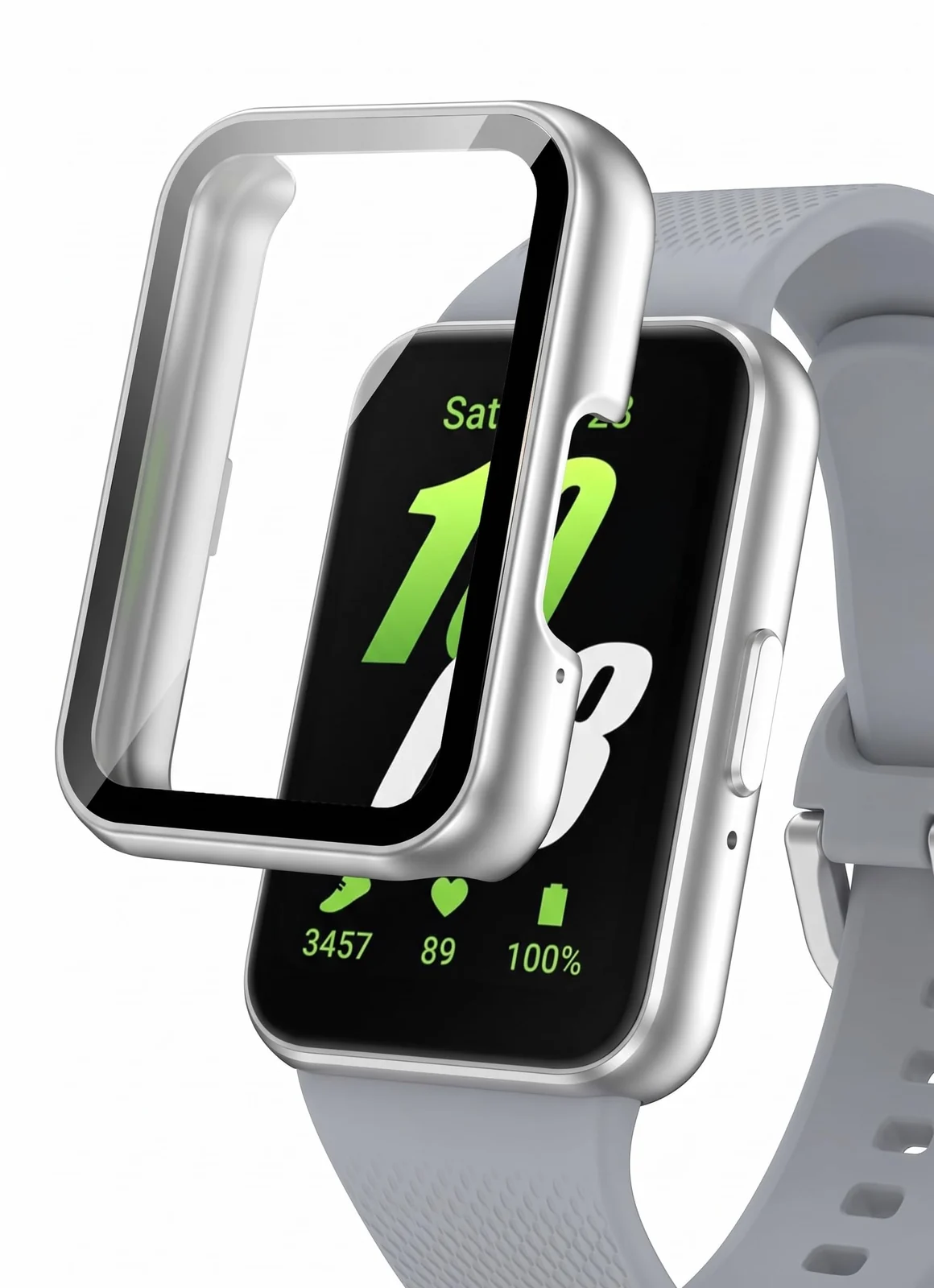 DL3 MOBILAK Full-Coverage Watch Case with Tempered Glass for Samsung Galaxy Fit 3, Silver Matte