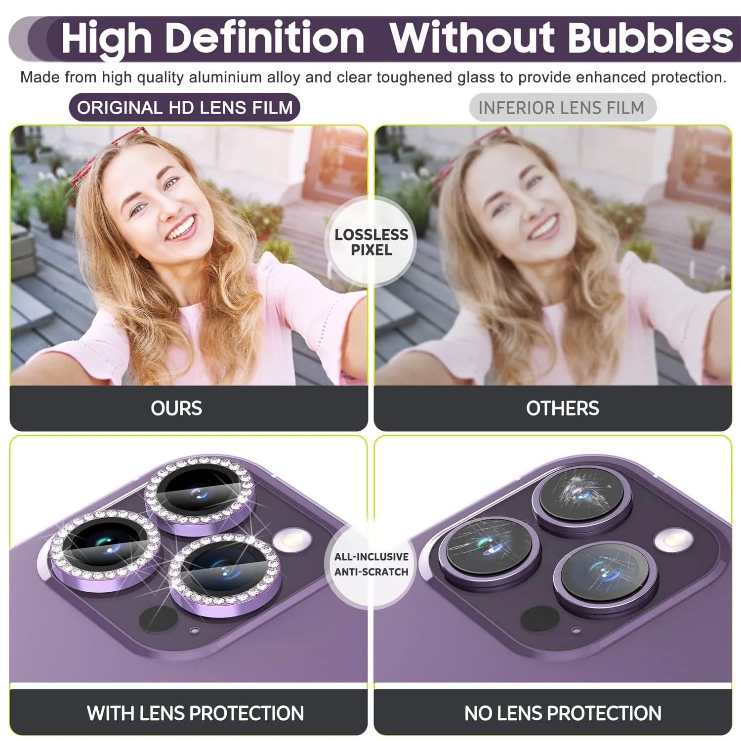 DL3 Mobilak Camera Lens Protector For iPhone 15 Pro/iPhone 15 Pro Max, [Keep Original Shooting] Tempered Glass Screen Protector Metal Individual Camera Cover, Case Friendly - Diamond Purple