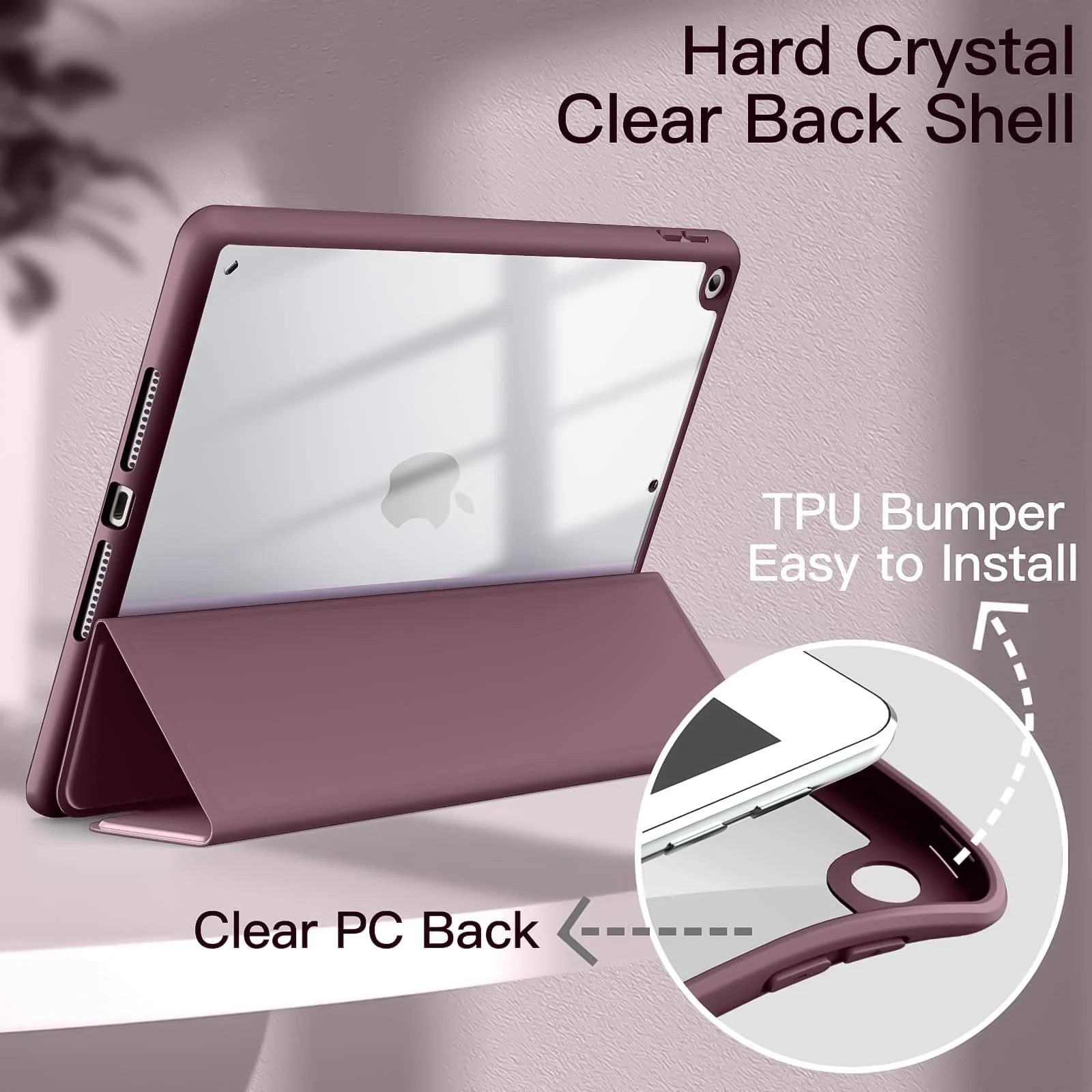 DL3 Mobilak Case for iPad 10.2-Inch (9th/8th/7th Generation, 2021/2020/2019), Clear Shockproof Back Cover Built-in Pencil Holder, Auto Sleep/Wake - Plum