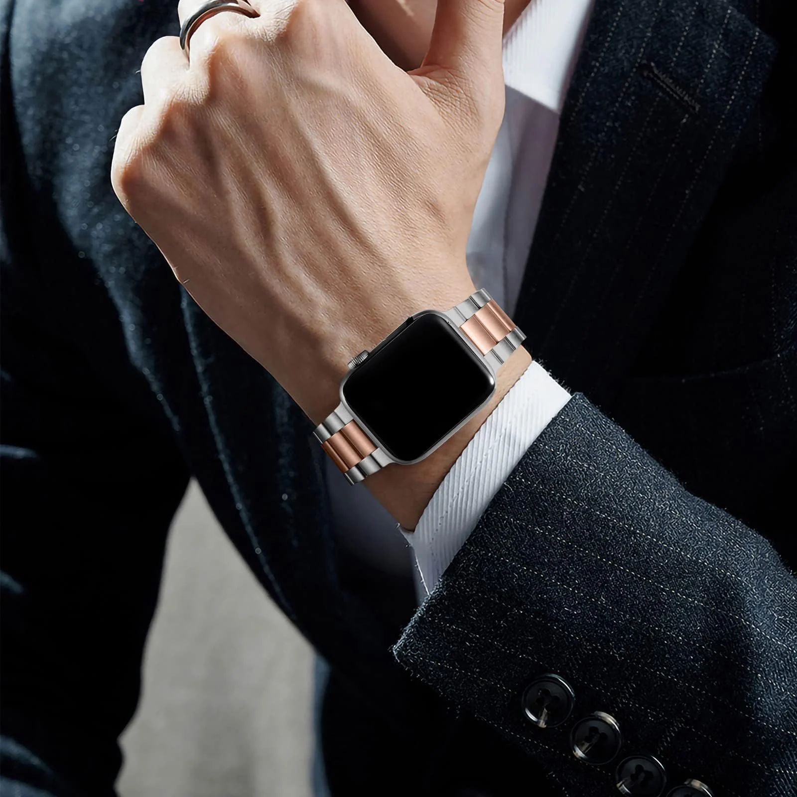 DL3 Mobilak Stainless Steel Band with Case Compatible with Apple Watch Band 45mm Series 9/8/7, Men Woman Business Strap with Protective Bumper Cover for iWatch Series 7/8/9 45mm - Silver Rose Gold