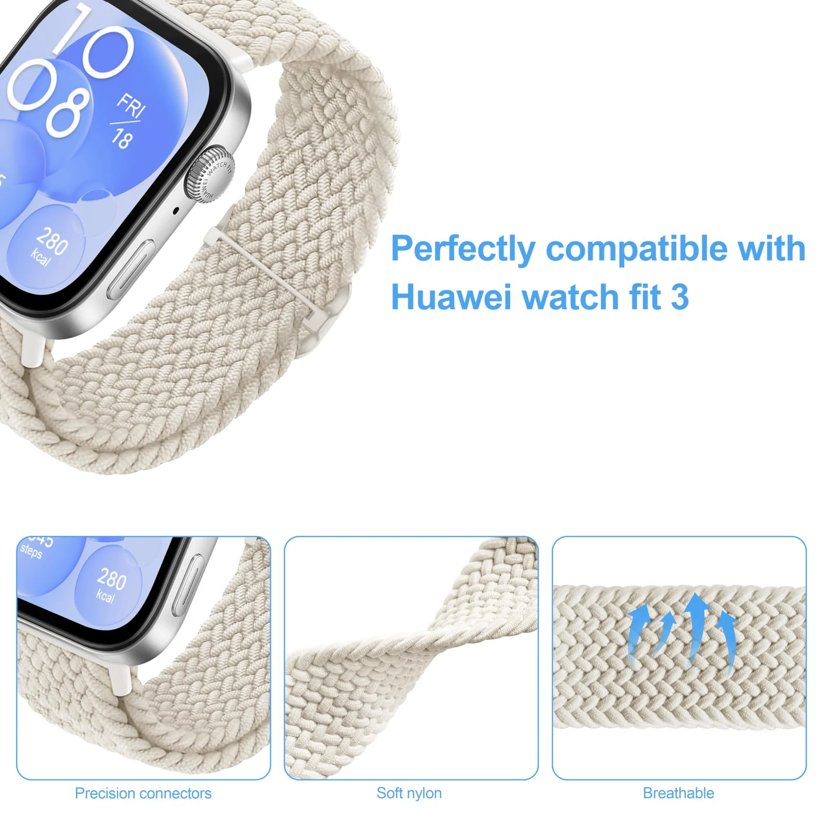 DL3 Mobilak Replacecment Band Compatible with Huawei Watch Fit 3 for Women Men, Adjustable Braided Bands Straps Elastics Sport Wristband Nylon Band for Huawei Watch Fit 3 Strap - Starlight