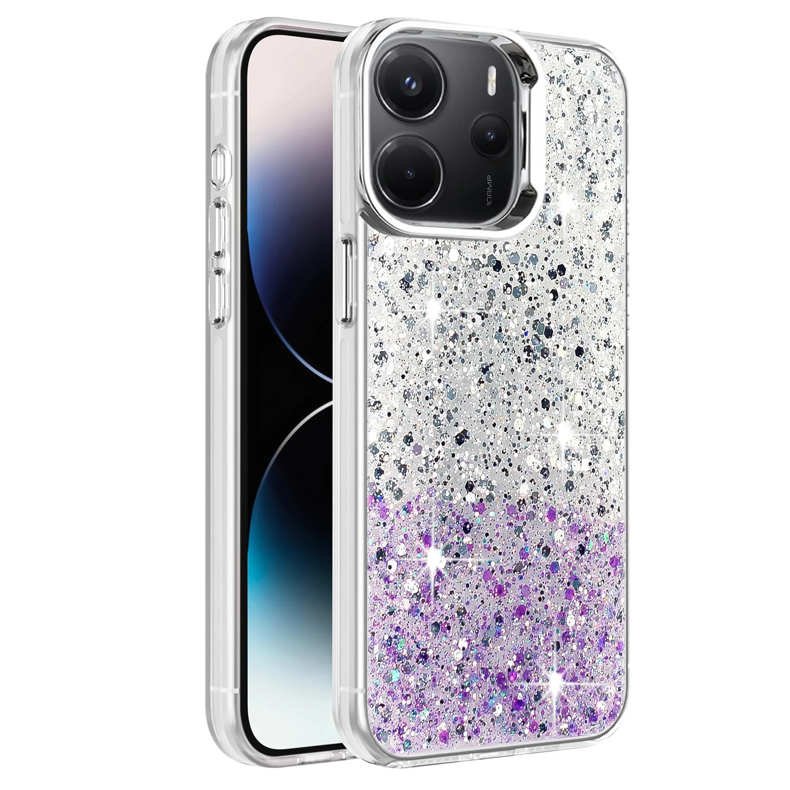 DL3 Mobilak Glitter Rhinestone Protective Case for Xiaomi Redmi Note 14 4G (Not 5G) with Shockproof Design - White Purple