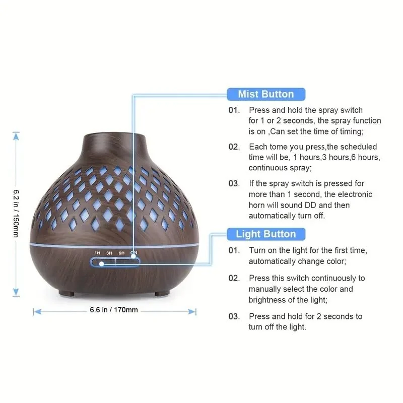 Mobigon Wood Cool Mist Ultrasonic Humidifier for Room Moisture, Aroma Diffuser for Home, 400ml Essential Oil Diffuser with 7 Colorful Night Light, Auto Shut-Off, Home, Office - Dark Woody
