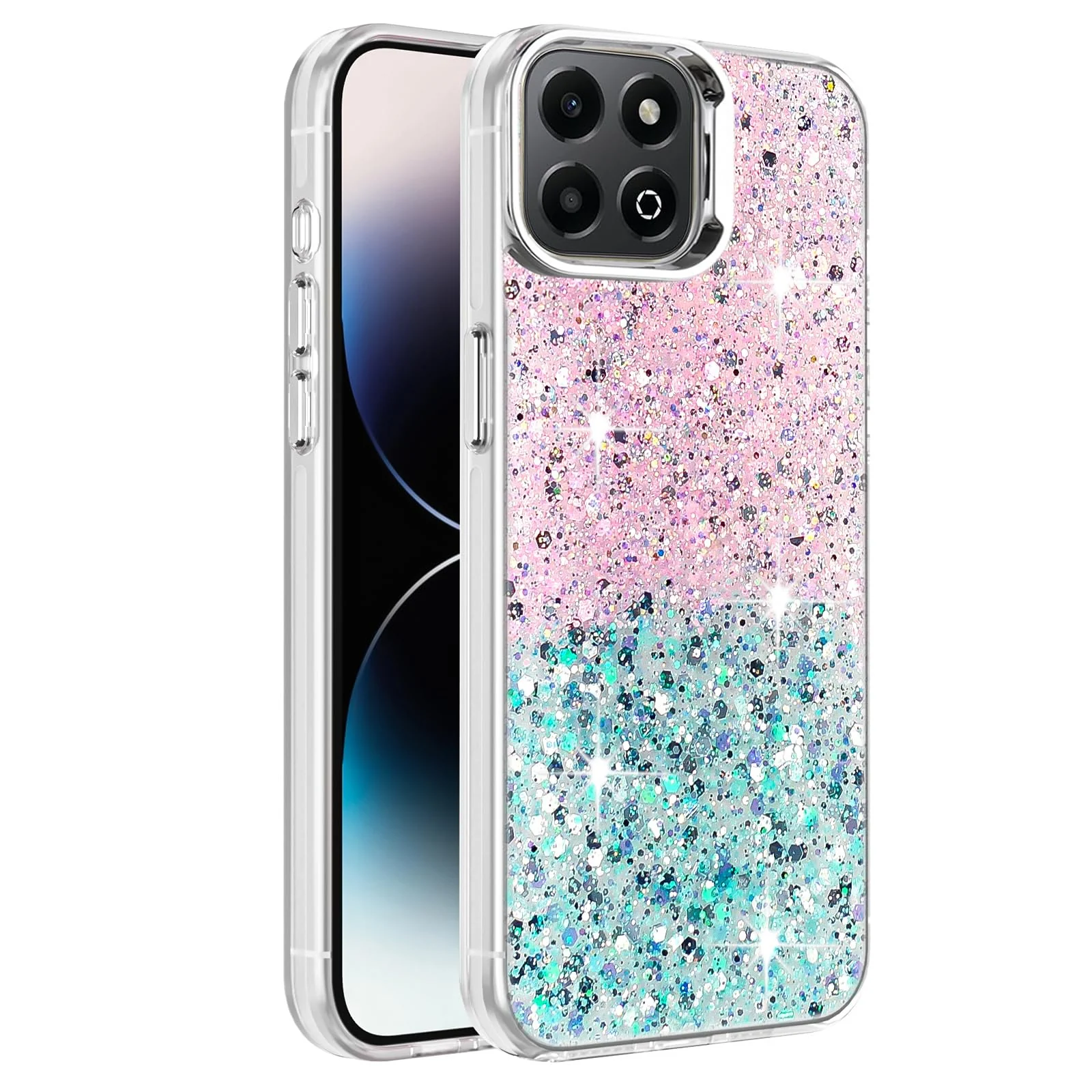 DL3 Mobilak Glitter Rhinestone Protective Case for Honor X6b with Shockproof Design - Pink Green