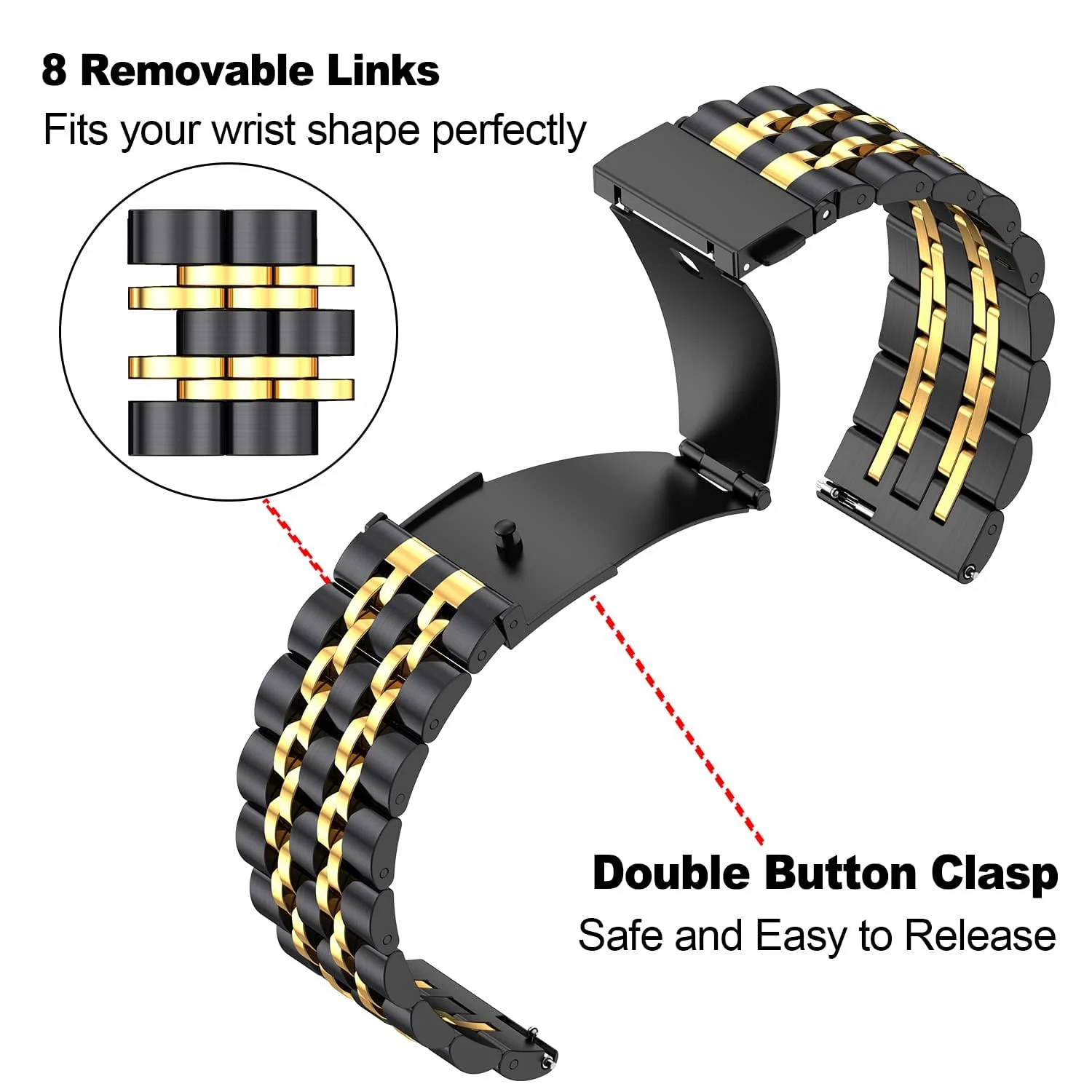 DL3 Mobilak Metal Band 20MM Strap for Samsung Gear Sport, Watch 4/5/5 Pro, S2 Classic, Active 2 40mm 44mm, Amazfit GTS 3/4/4 Mini, Bip 3/Pro/U, GTS 2 Mini/2e - Black & Gold