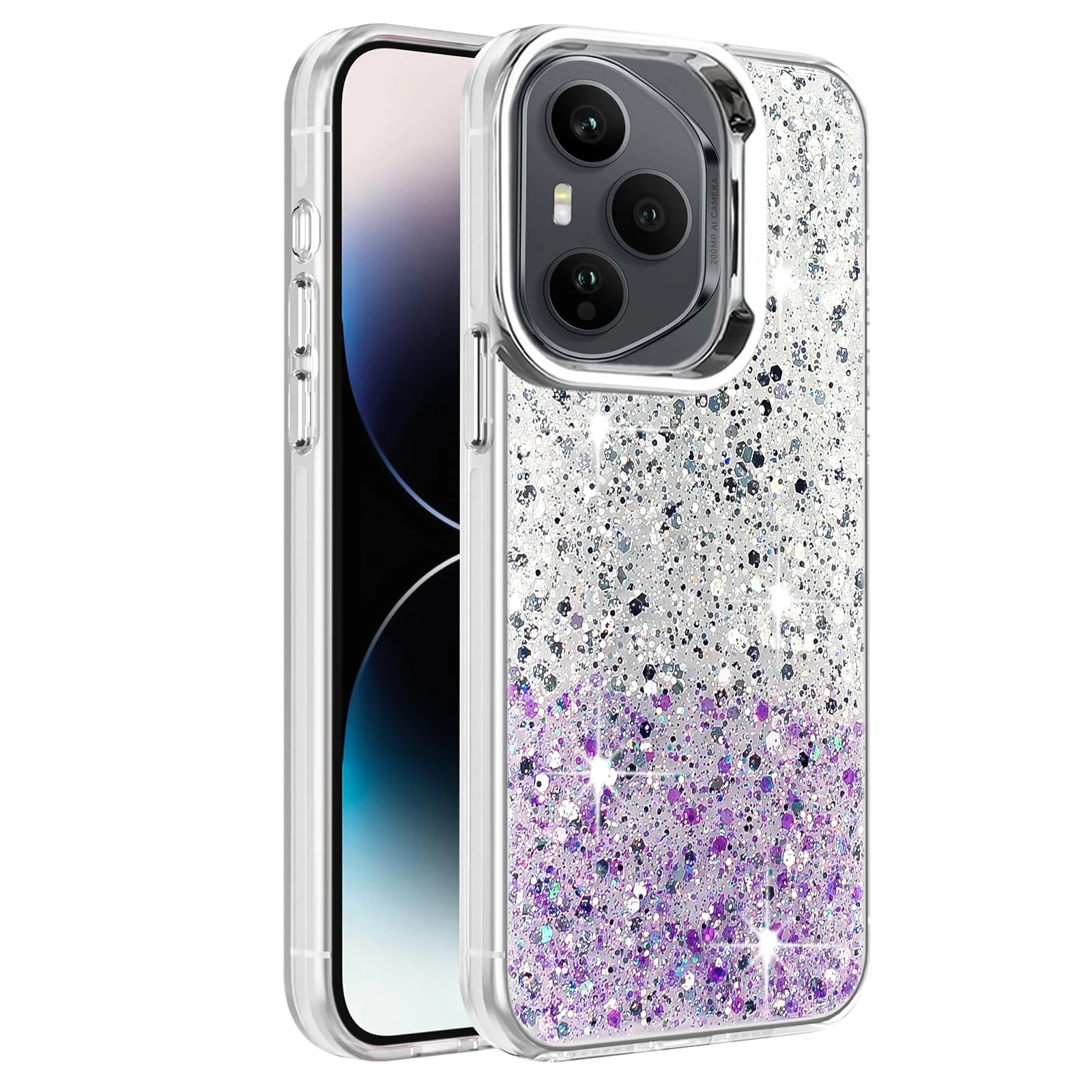 DL3 Mobilak Glitter Protective Case for Honor 400 Pro 5G, Supports wireless charging, Camera protection, Shock-absorbing protection - White Purple