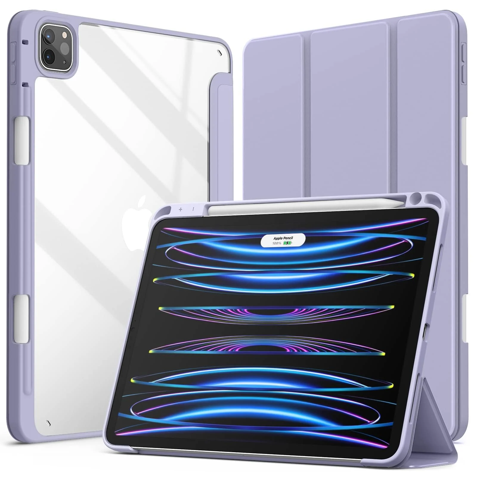 DL3 Mobilak for iPad Pro 12.9 Case 6th/5th/4th/3rd Generation 2022/2021/2020/2018, Clear Shockproof Back Cover Built-in Pencil Holder, Auto Sleep/Wake - Lavender