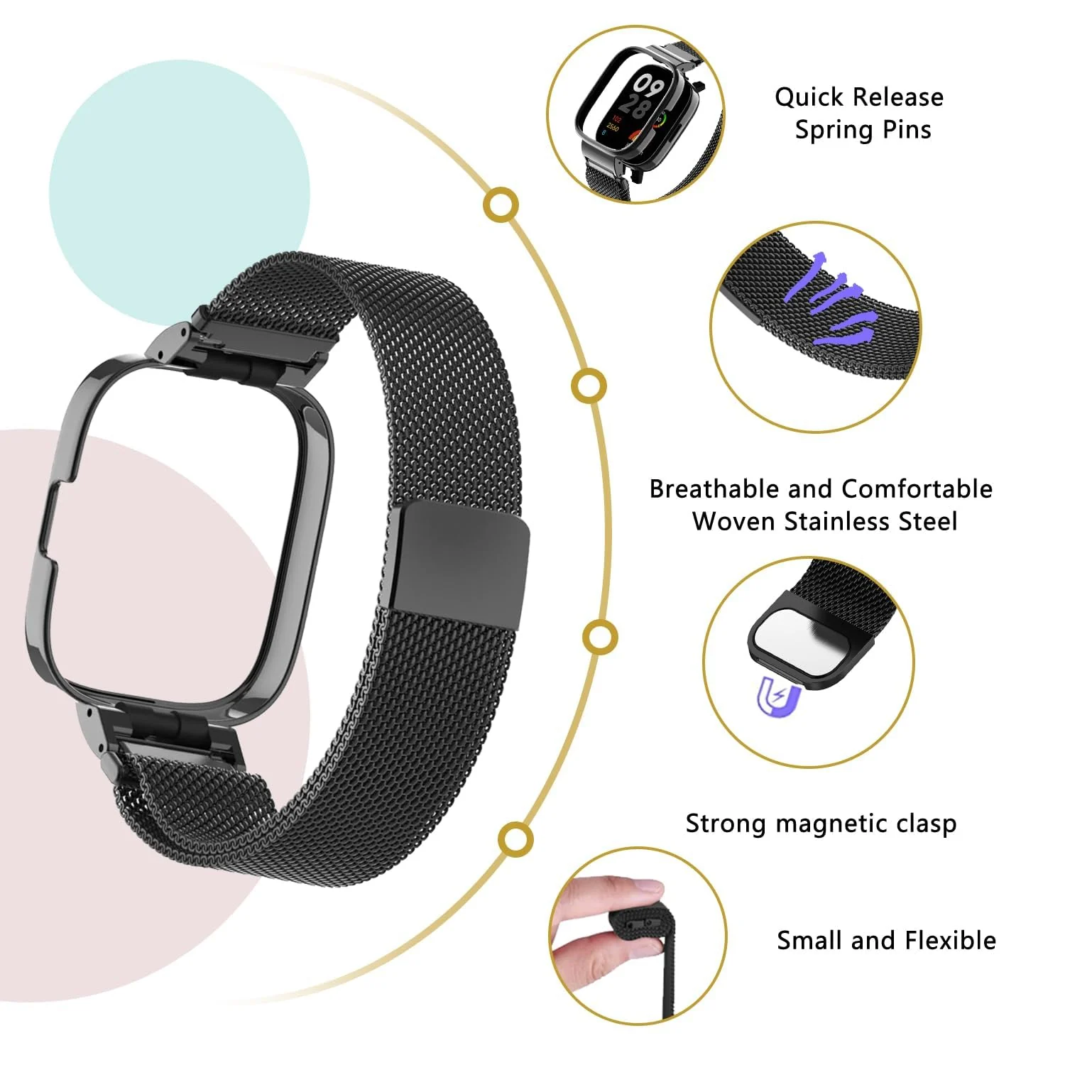 DL3 Mobilak Stainless Steel Milanese Mesh Watch Band Compatible with Xiaomi Redmi Watch 3, One Size - Black