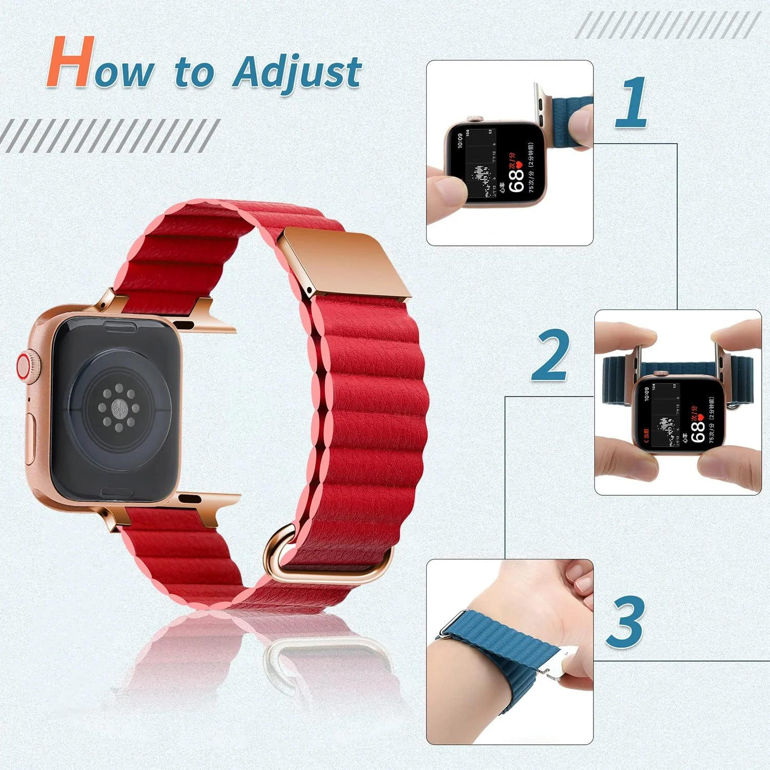 DL3 Mobilak Magnetic Closure System For Apple Watch Ultra Bands 49mm 45mm 44mm 42mm for iWatch Series 8 ultra 7 6 5 4 SE 3 2 Enhanced Adjustable Leather Strap For Men Or Women - Red