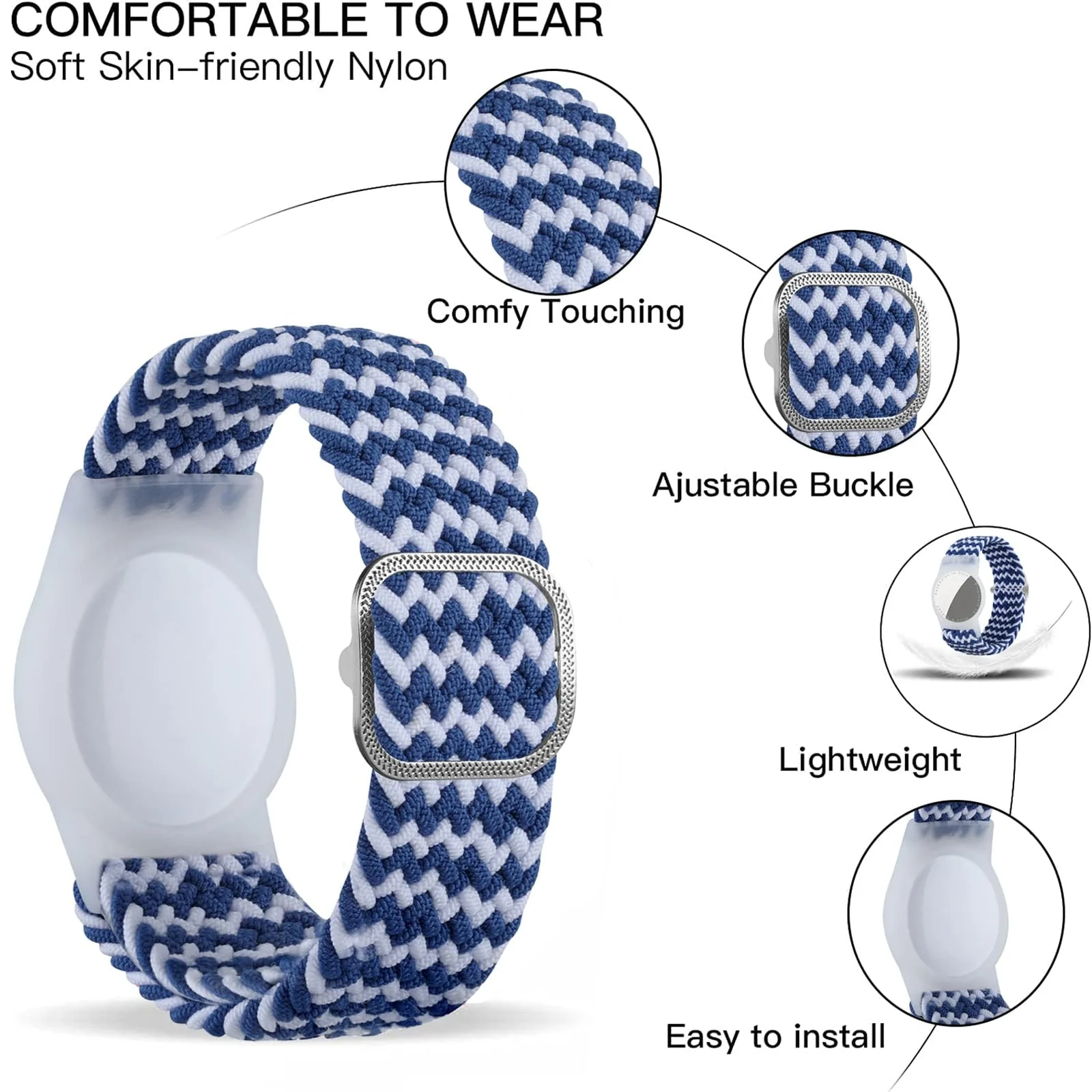 DL3 Mobilak Bracelet for Kids Compatible with AirTag, Nylon Stretch Braided Air Tag Wristband, Protective Case for Airtag GPS Tracker Holder, Adjustable Elastic Watch Strap for Toddler Child Elde - Blue Wave