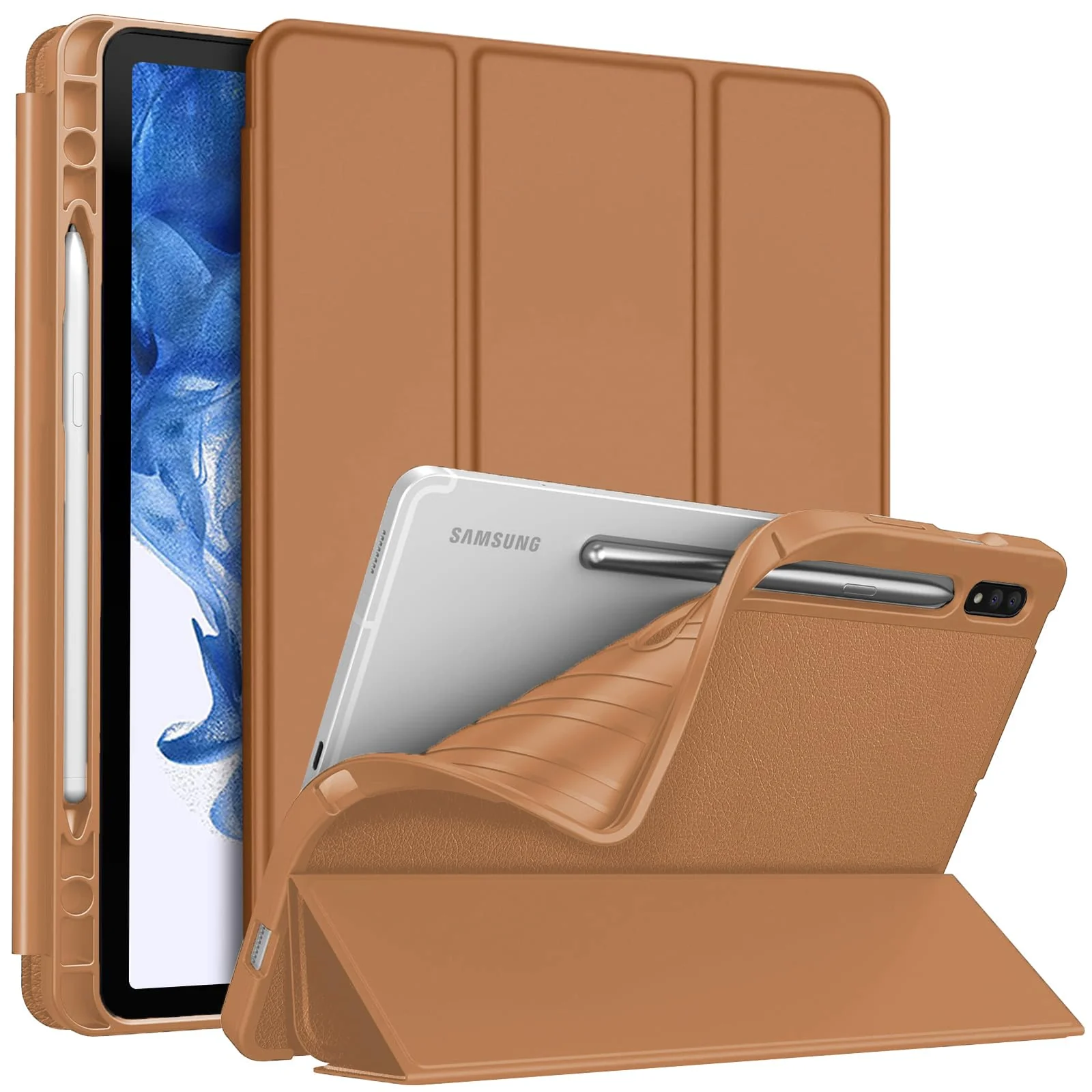 DL3 Mobilak Smart Case for Samsung Galaxy Tab S8 Plus 2022/S7 FE/S7 Plus 12.4 with Pencil Holder, Soft TPU Smart Stand Back Cover Auto Wake/Sleep Feature - Brown