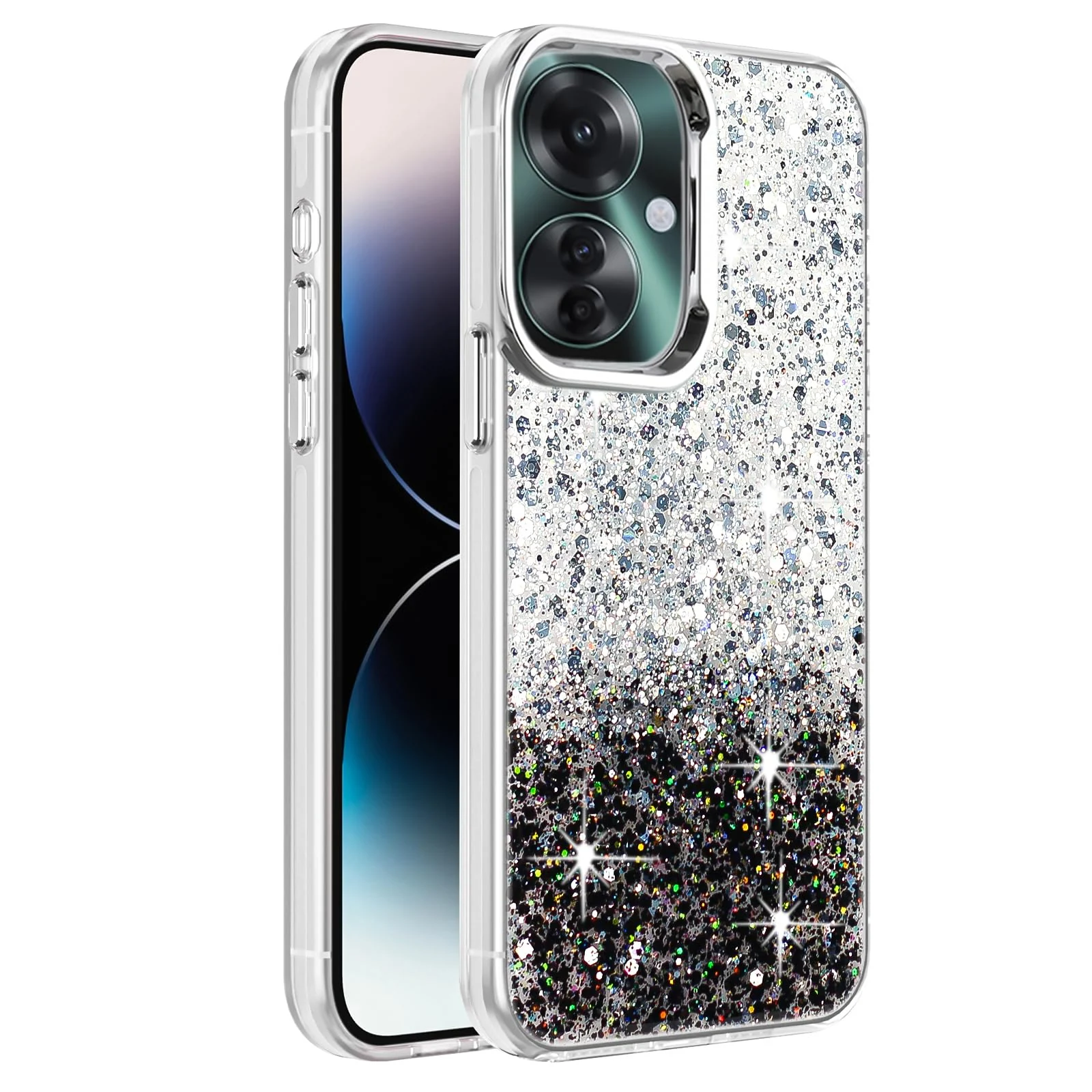 DL3 Mobilak Glitter Protective Case for OPPO Reno 11F / Reno11 F 5G, Supports wireless charging, Camera protection, Shock-absorbing protection - White Black