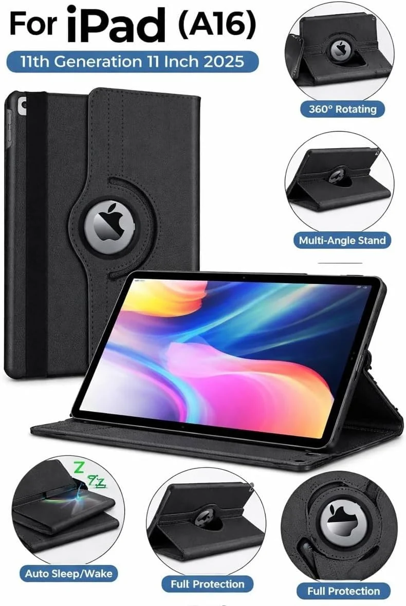 DL3 Mobilak Protective Cover for iPad (A16) 11th/10th Generation (2025/2022), 360° Rotatable Smart Stand, Leather Folio Flip Cover with Multi-Angle Viewing, Auto Wake Sleep - Black
