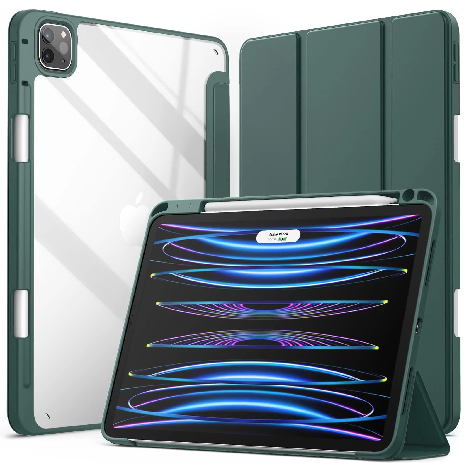 DL3 Mobilak for iPad Pro 12.9 Case 6th/5th/4th/3rd Generation 2022/2021/2020/2018, Clear Shockproof Back Cover Built-in Pencil Holder, Auto Sleep/Wake - Green