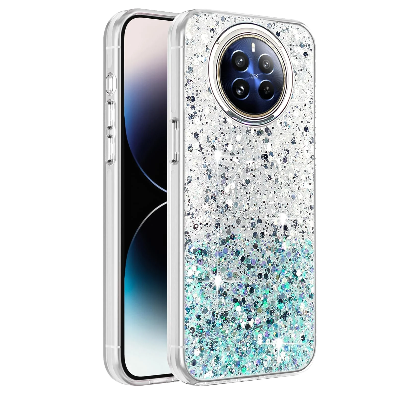 DL3 Mobilak Glitter Protective Case for realme 12 Pro 5G / realme 12 Pro + Plus 5G, Supports wireless charging, Camera protection, Shock-absorbing protection - White Green