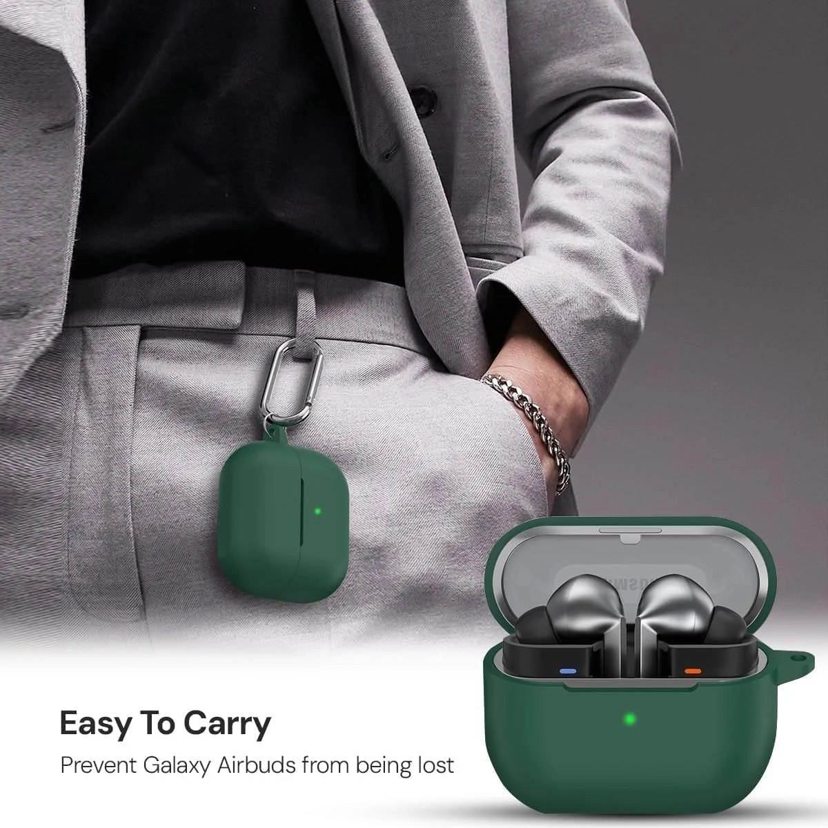 DL3 Mobilak Compatible with Samsung Galaxy Buds 3 Pro/Buds 3 Case Cover, Soft Silicone Shockproof Protective Case Wireless Earbuds with Carabiner, Front LED Visible - Green