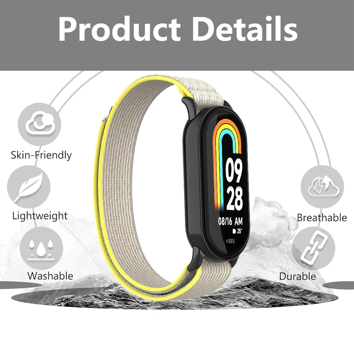 DL3 Mobilak Sport Bands Nylon For Xiaomi Mi Band 10/9/8 Men Women, Adjustable Elastic Breathable Soft Stretchy Wristband Loop Replacement Strap for Xiaomi Smart Band 8/9/10 - Starlight
