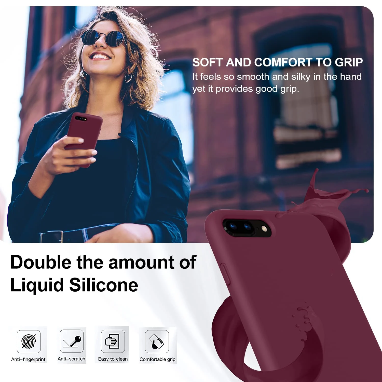 DL3 Mobilak Liquid Silicone Protective Case with Soft Microfiber Lining for iPhone 7 Plus / iPhone 8 Plus - Wine Red