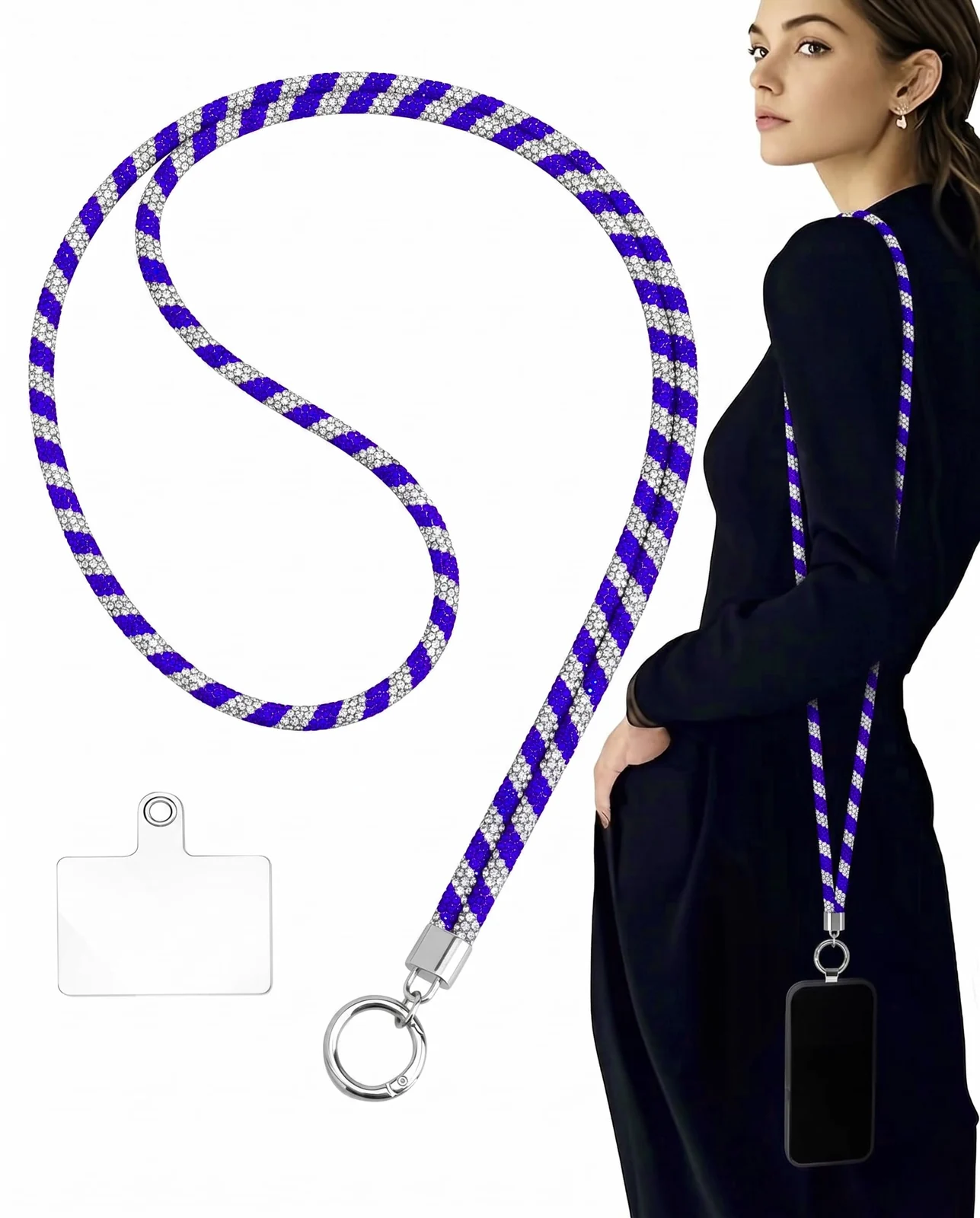 DL3 Mobilak Universal Phone Lanyard Crossbody, Rhinestone Cell Phone Chain Anti-Theft with 1× Shiny Phone Strap, 1× Pad for Most Smartphones, Diamond Phone Neck Holder for Women