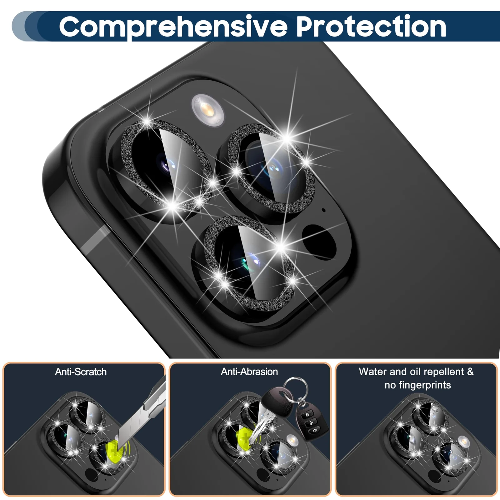 DL3 Mobilak Camera Lens Protector For iPhone 15 Pro/iPhone 15 Pro Max, [Keep Original Shooting] Tempered Glass Screen Protector Metal Individual Camera Cover, Case Friendly - Glitter Black
