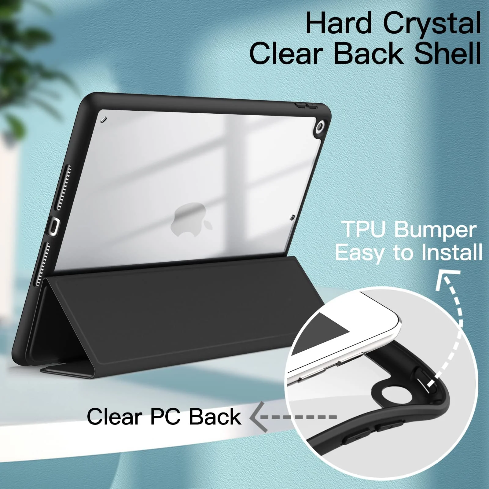DL3 Mobilak Case for iPad 10.2-Inch (9th/8th/7th Generation, 2021/2020/2019), Clear Shockproof Back Cover Built-in Pencil Holder, Auto Sleep/Wake - Black