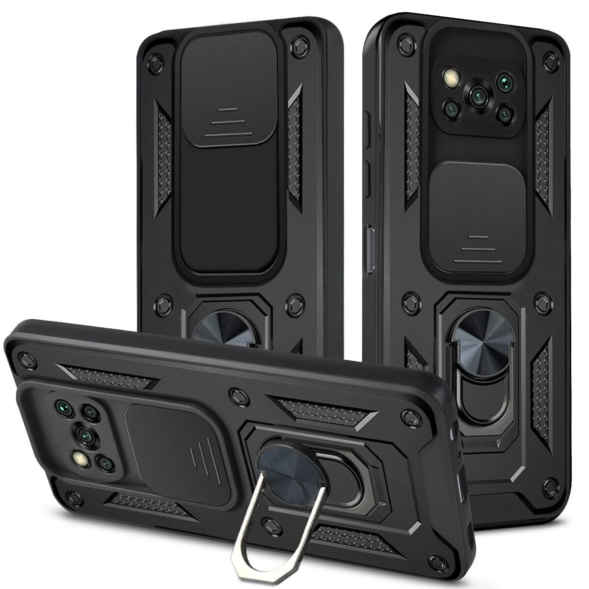 DL3 Mobilak Military-Grade Protective Case with Sliding Camera Cover, Metal Ring Kickstand and Magnetic Car-Mount Support for Xiaomi Poco X3 Pro / Poco X3 NFC / Poco X3 - Black