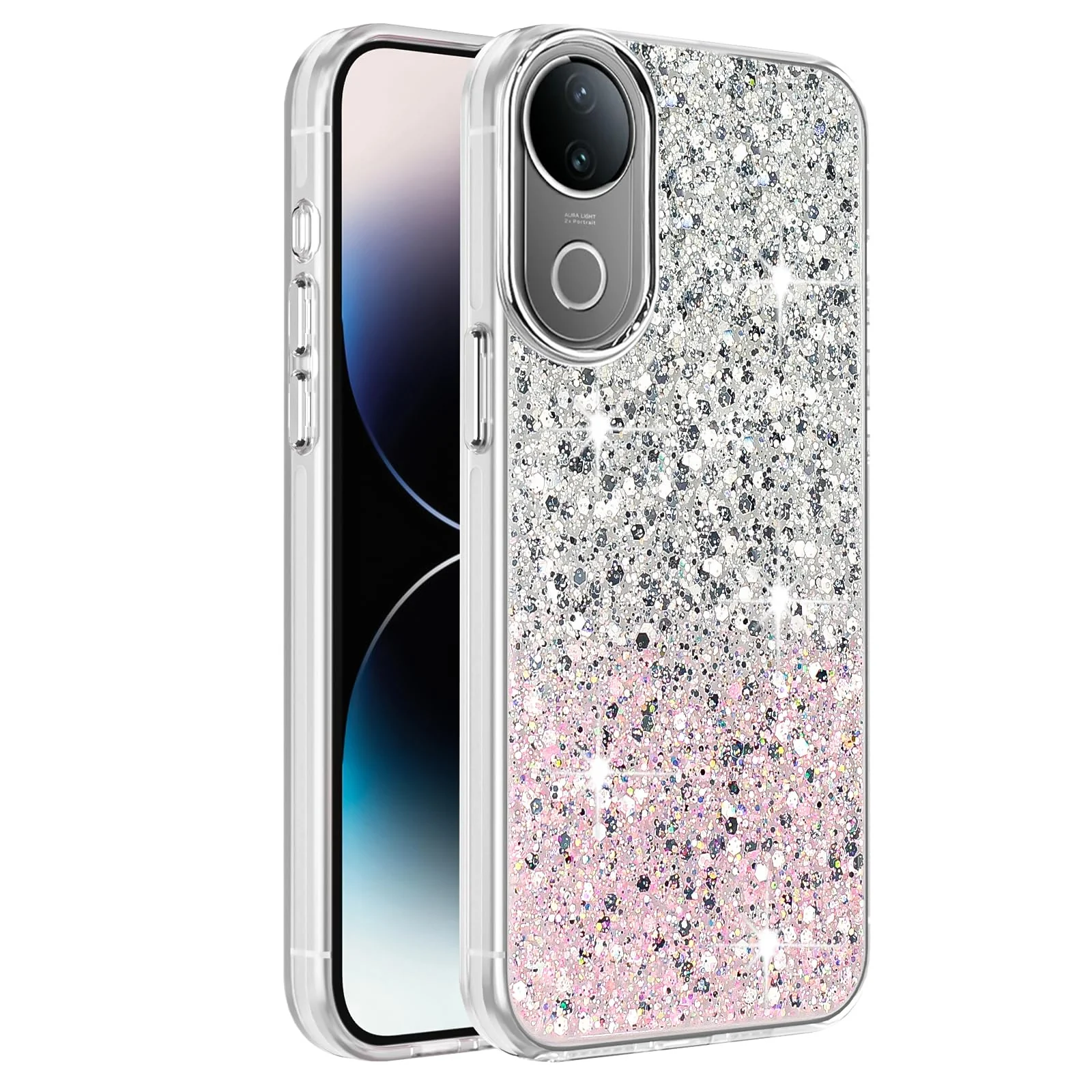 DL3 Mobilak Glitter Protective Case for vivo V50 5G / vivo V50e 5G, Supports wireless charging, Camera protection, Shock-absorbing protection - White Pink