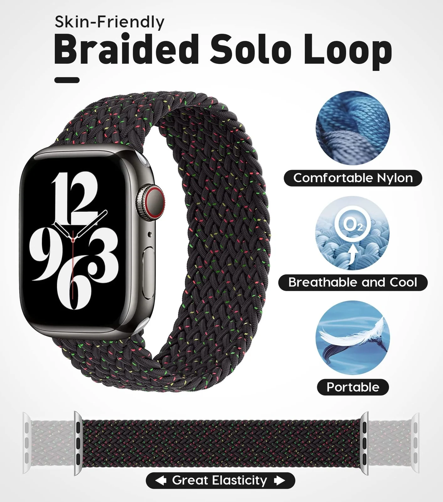 DL3 Mobilak Braided Solo Loop Band For Apple Watch Band 49mm 45mm 44mm 42mm, Replacement Wristband Nylon Strap for iWatch Series SE 9/8/7/6/5/4/3/2/1/Ultra/Ultra 2 ( Unity, Small) - Black Unity